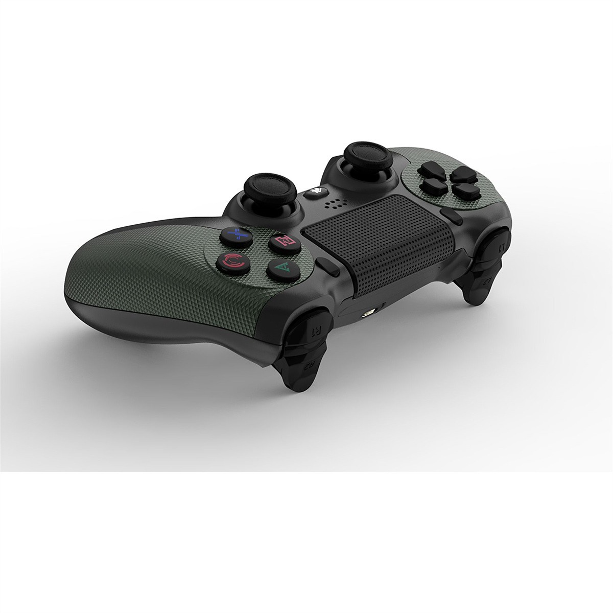 Ein grün-schwarzer Gamecontroller auf weißem Hintergrund, schräge Ansicht.