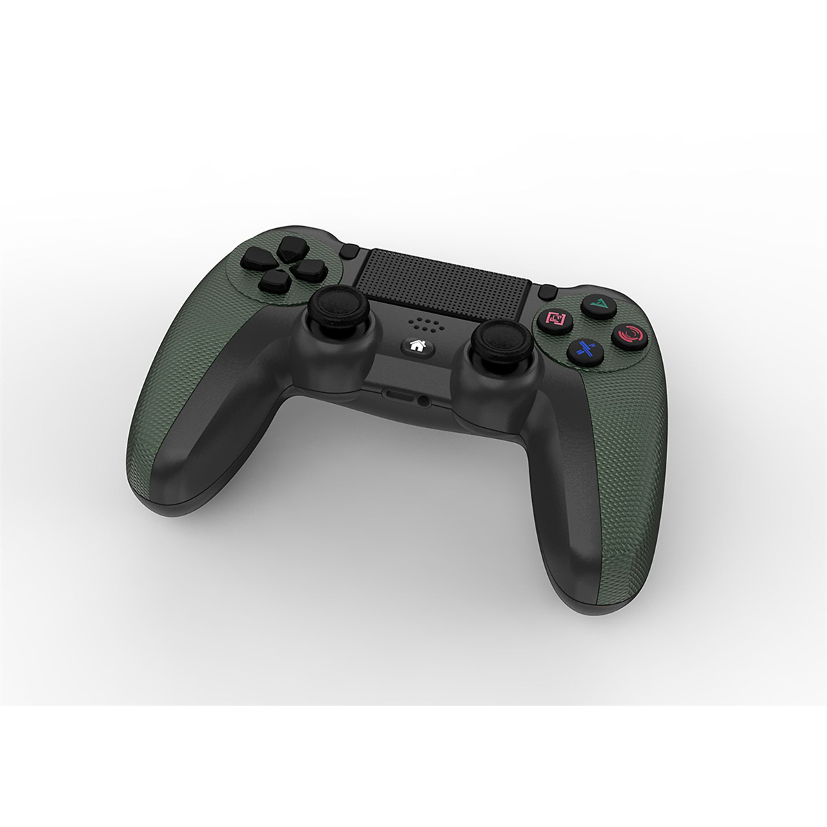 Grün-schwarzer Gamecontroller in einem Winkel auf weißem Hintergrund.
