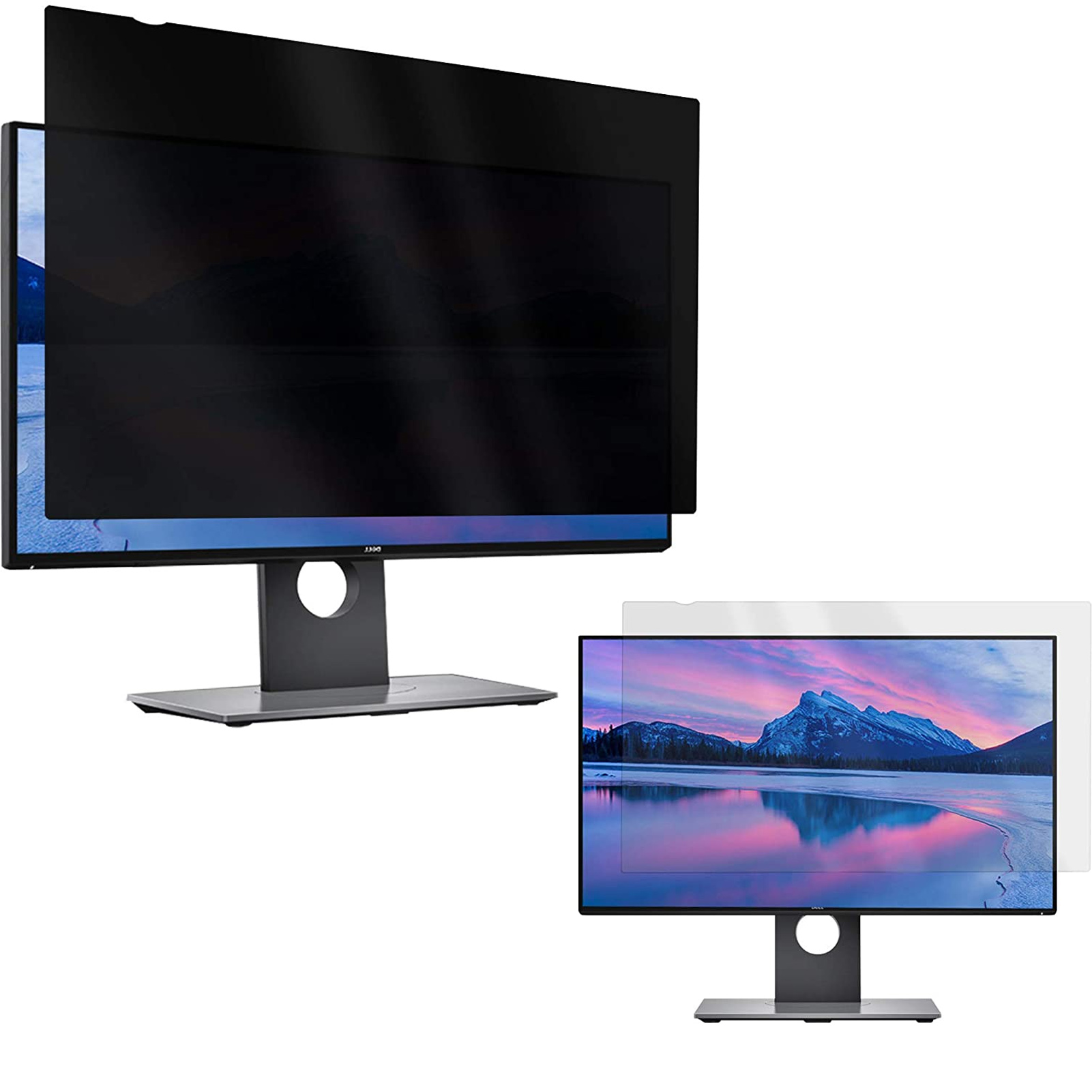 Zwei Computermonitore, einer mit Sichtschutz und einer ohne, auf weißem Hintergrund.