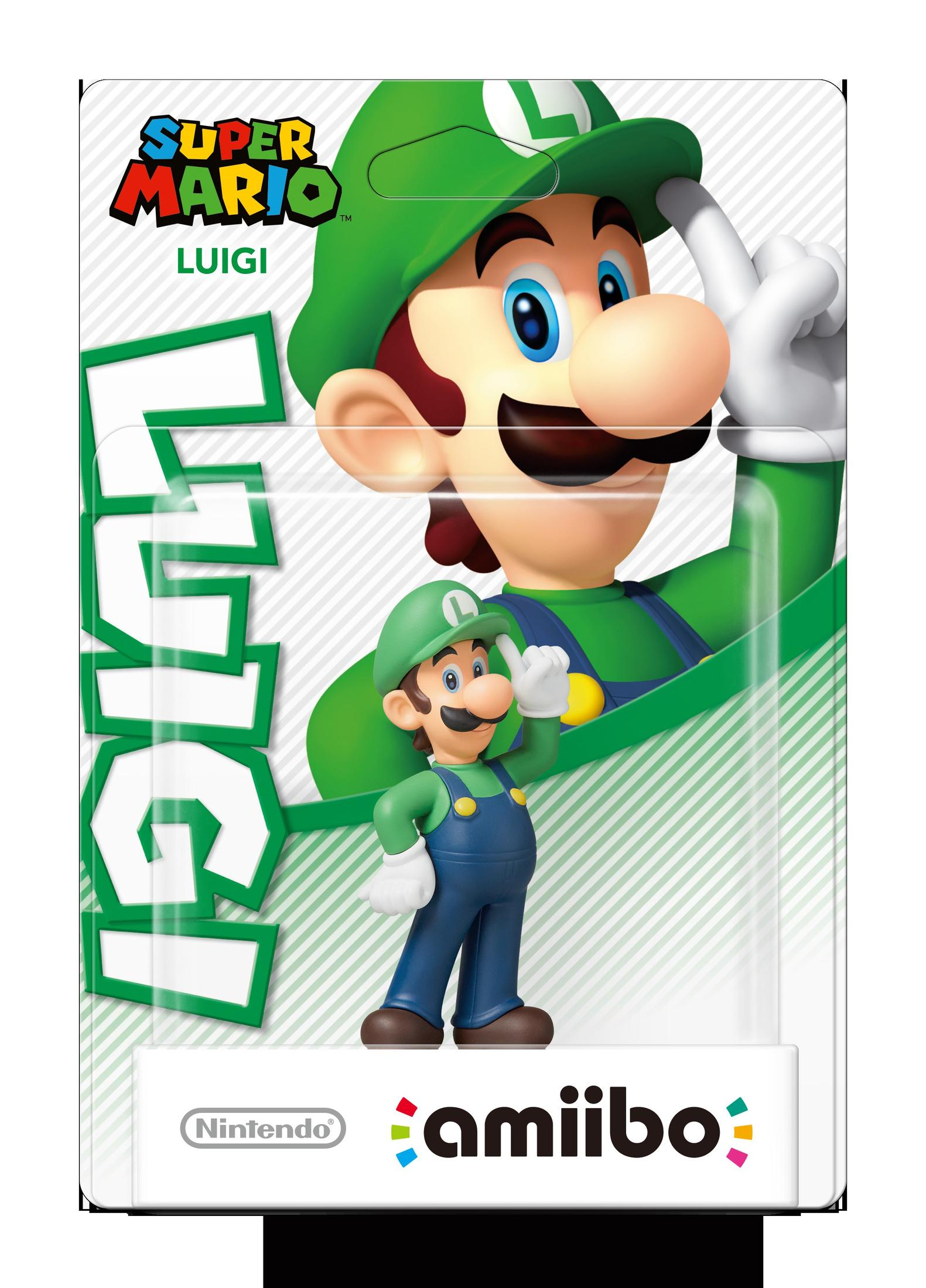 Figurine amiibo de Luigi dans un emballage plastique. Luigi porte un chapeau vert, une salopette et pointe vers le haut.