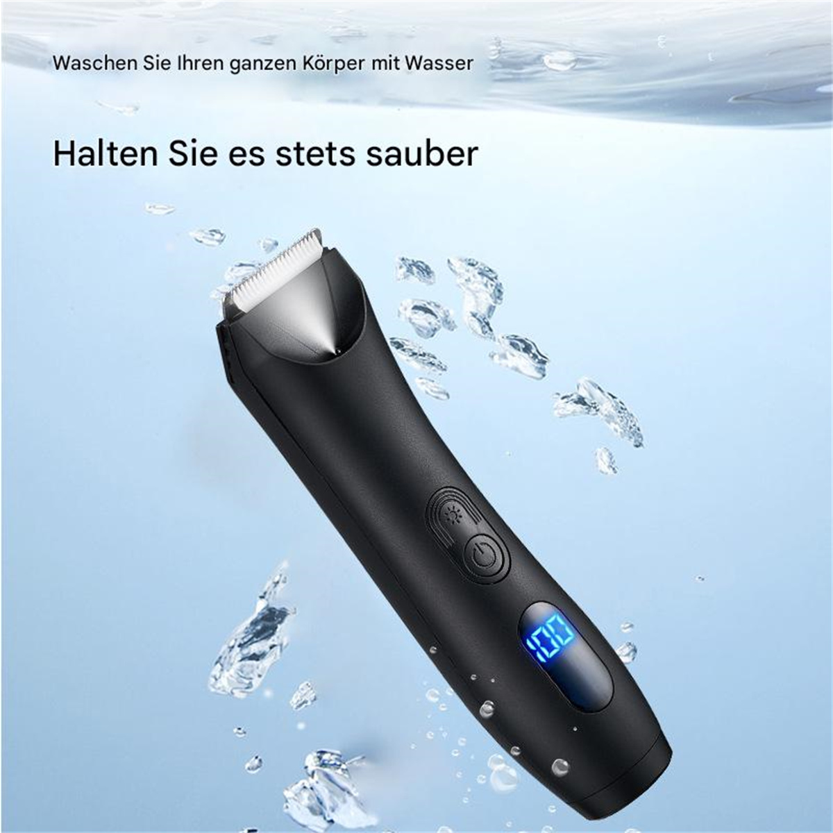 Schwarzer Elektrorasierer mit blauer Anzeige, Wassertropfen und Text auf Deutsch.