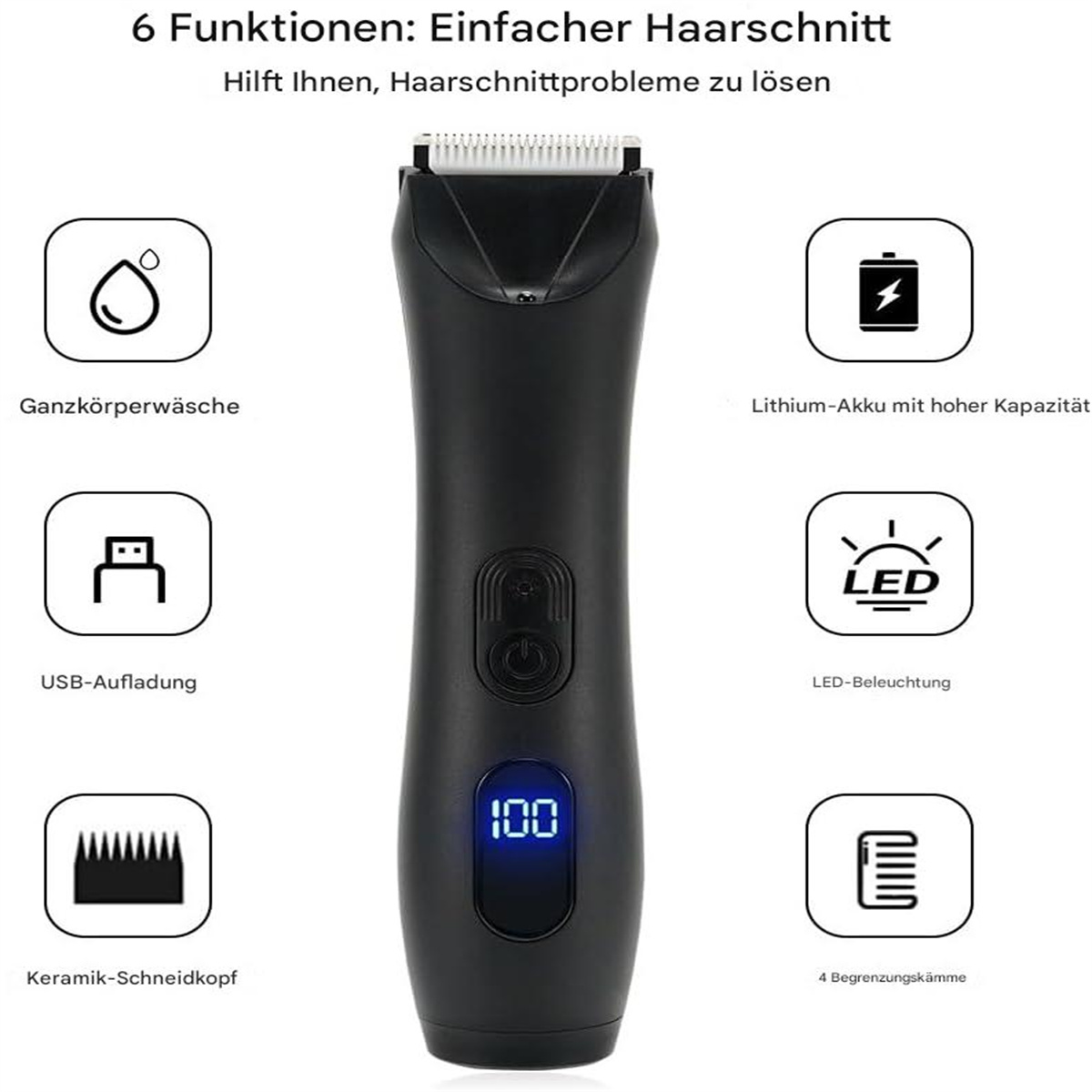 Ein schwarzer Trimmer mit Symbolen, die Funktionen wie Waschen, USB-Aufladung und Klinge anzeigen.