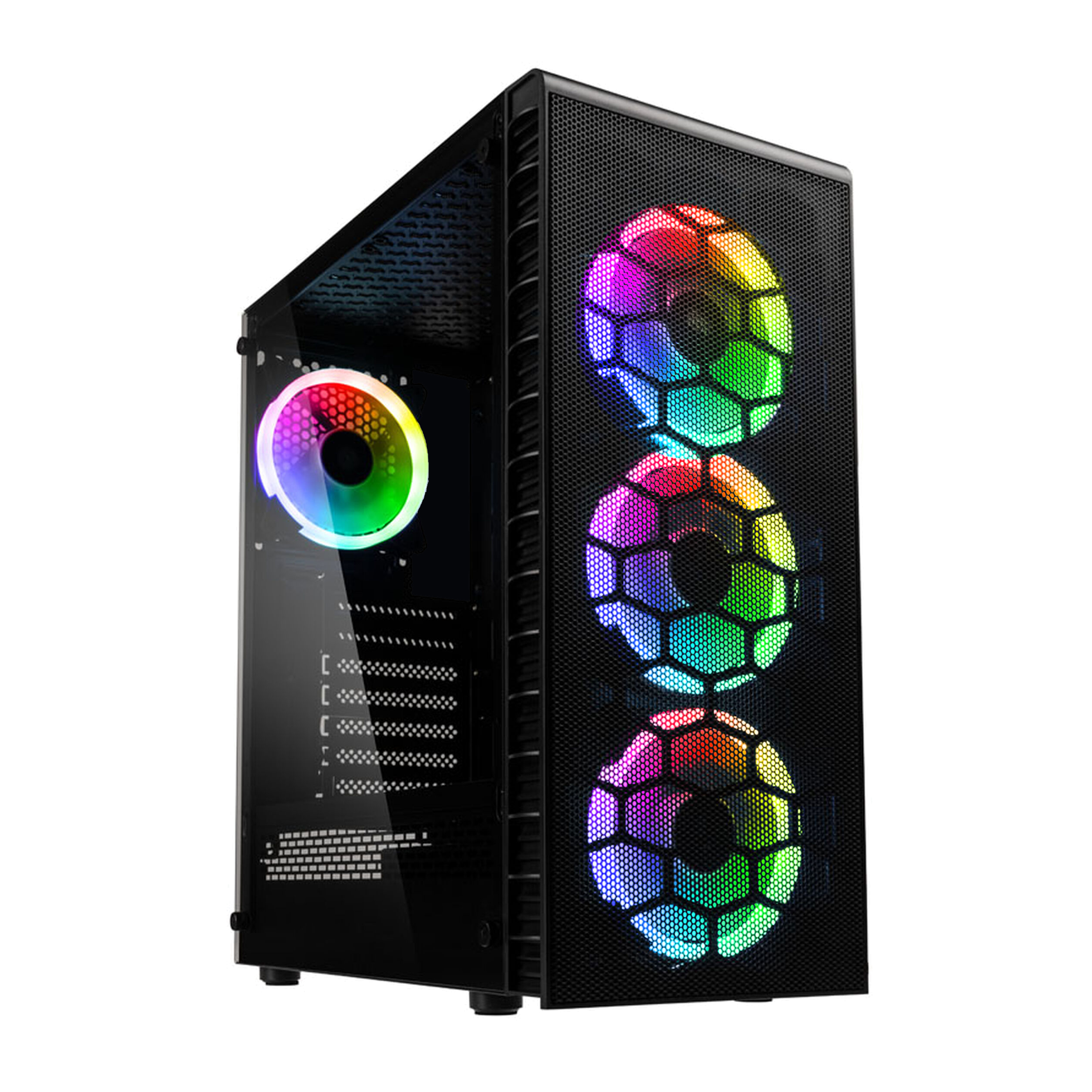 Czarna obudowa komputera z kolorowymi wentylatorami LED na czarnym tle.