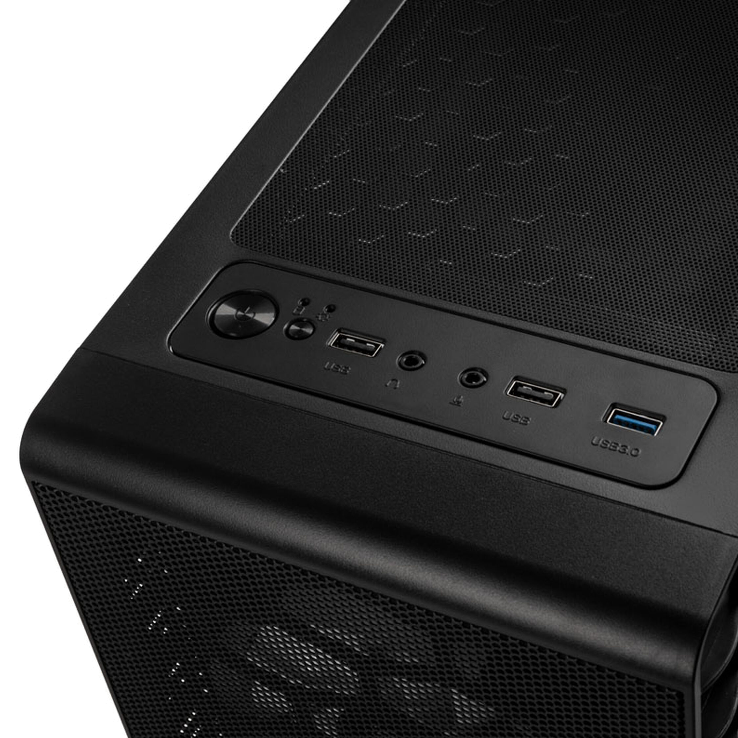 Zbliżenie obudowy komputera z portami USB i wentylatorem na czarnym tle.