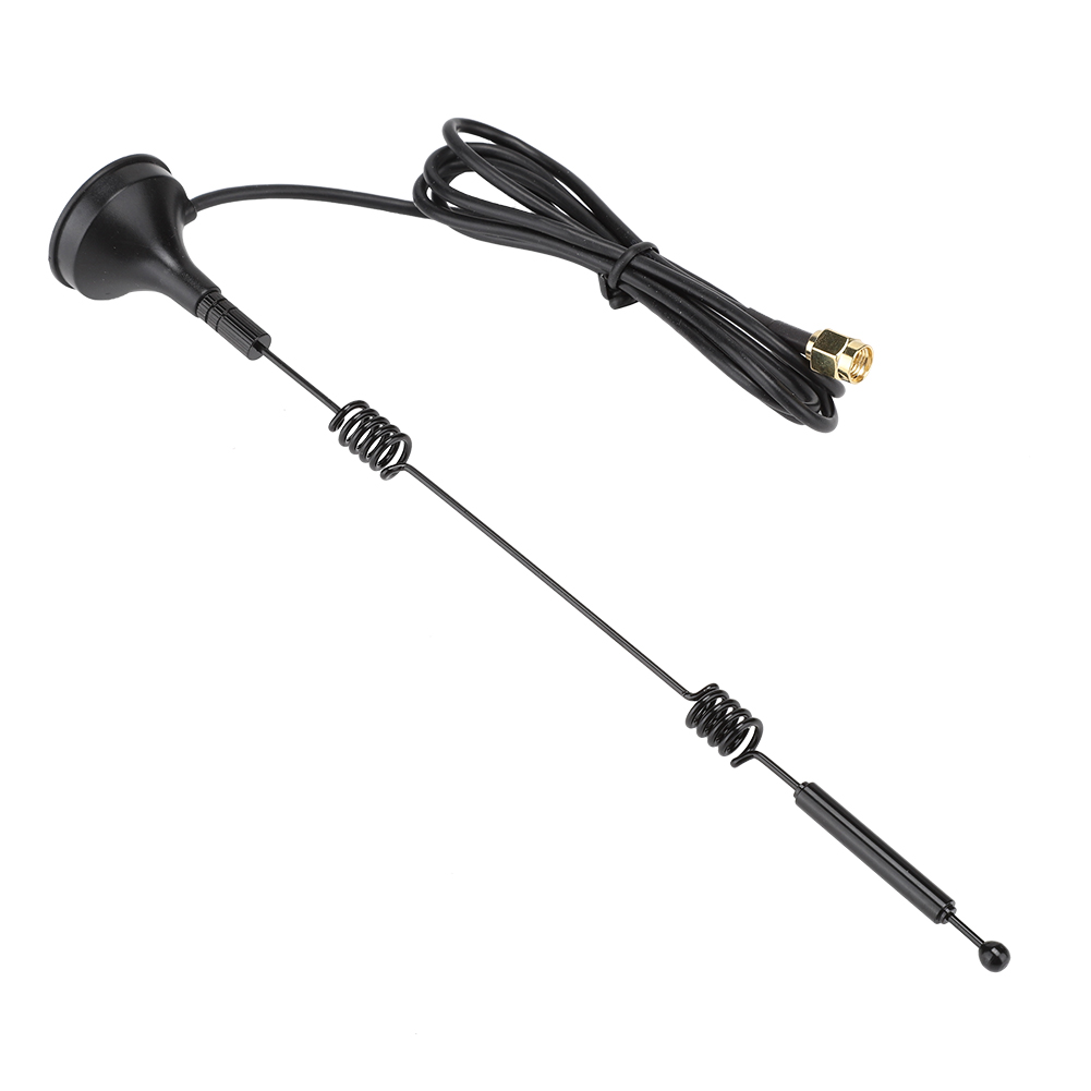 Schwarze Antenne mit Saugnapfbasis und langem Kabel. Ein gewickelter Draht ist sichtbar.