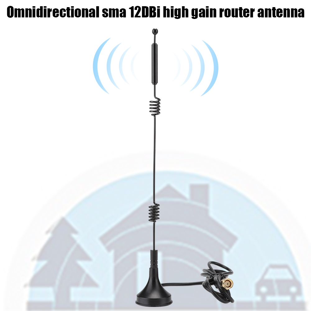 Rundstrahlantenne mit schwarzem Sockel, Feder und langer schwarzer Stange vor weißem Hintergrund.