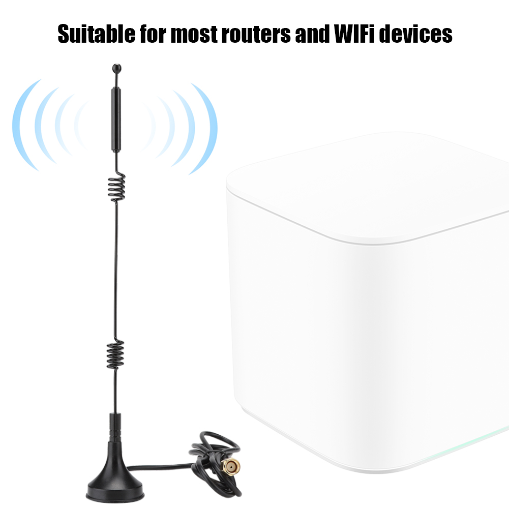 Schwarze Antenne und ein weißer Router, Text: Geeignet für die meisten Router und WiFi-Geräte.