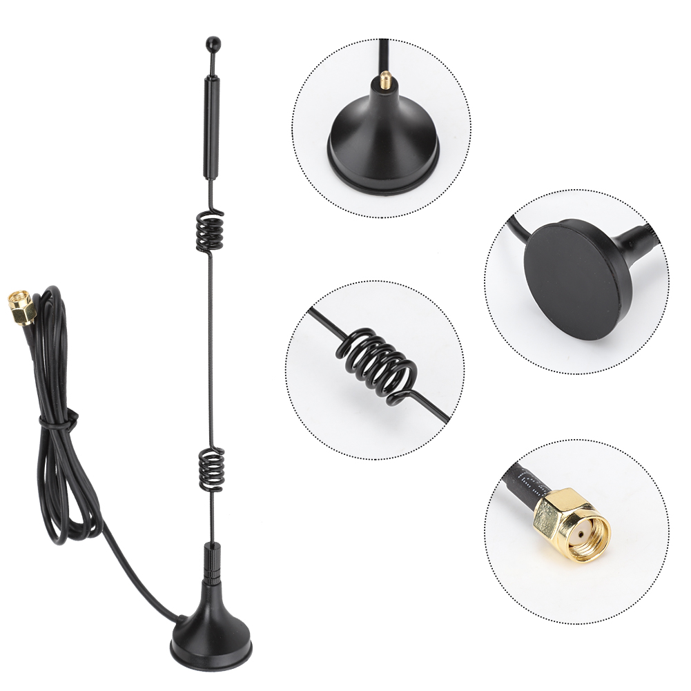 Schwarze Antenne mit Details des Steckers und der Feder.