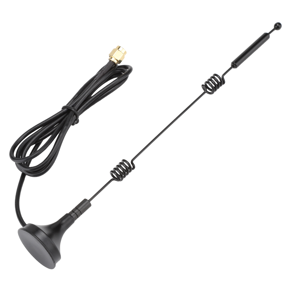 Eine schwarze Autoantenne mit Magnetfuß. Die Antenne hat einen Draht und zwei Spulen.