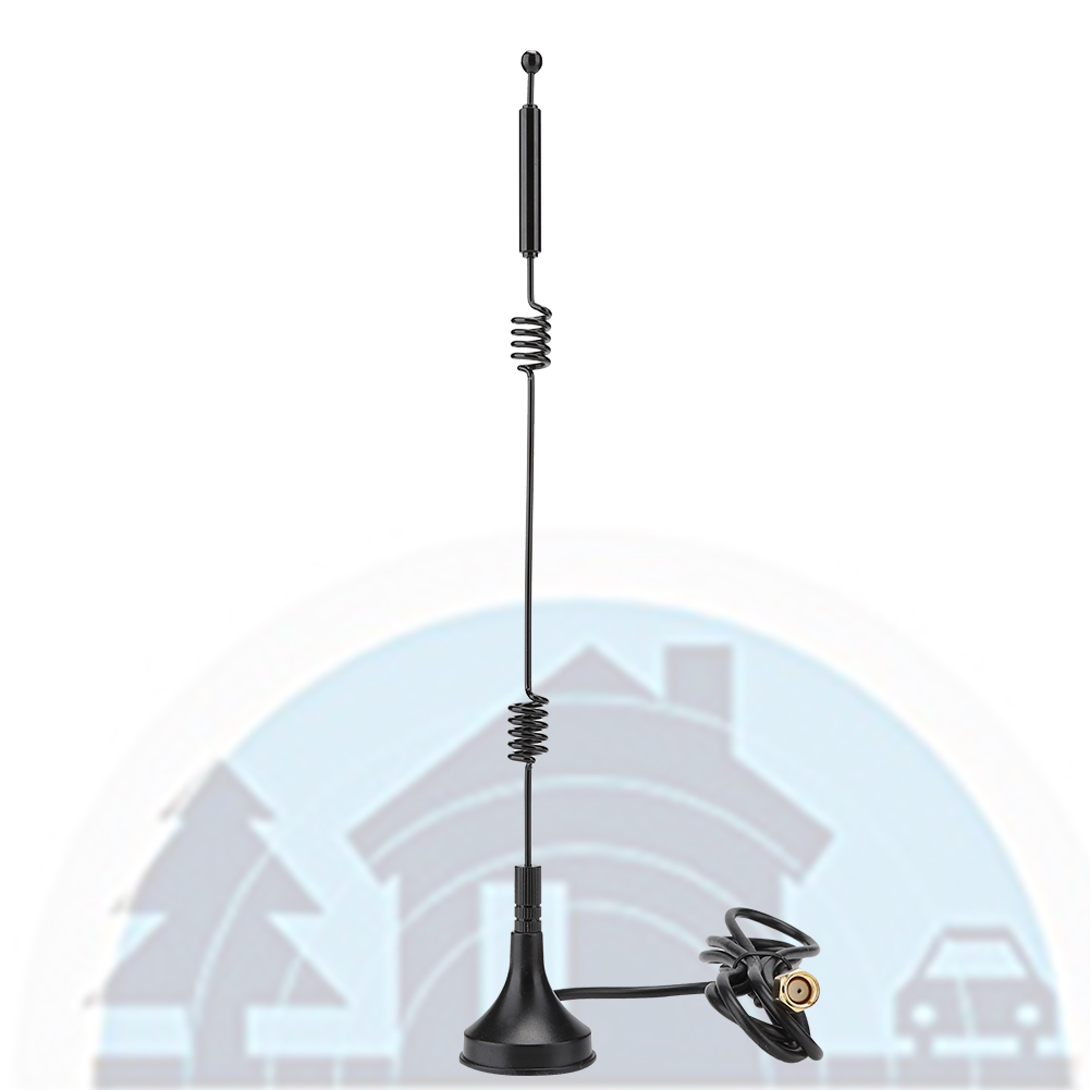 Schwarze Autoantenne mit Magnetfuß. Die Antenne hat einen langen, dünnen Draht und zwei Spulen.