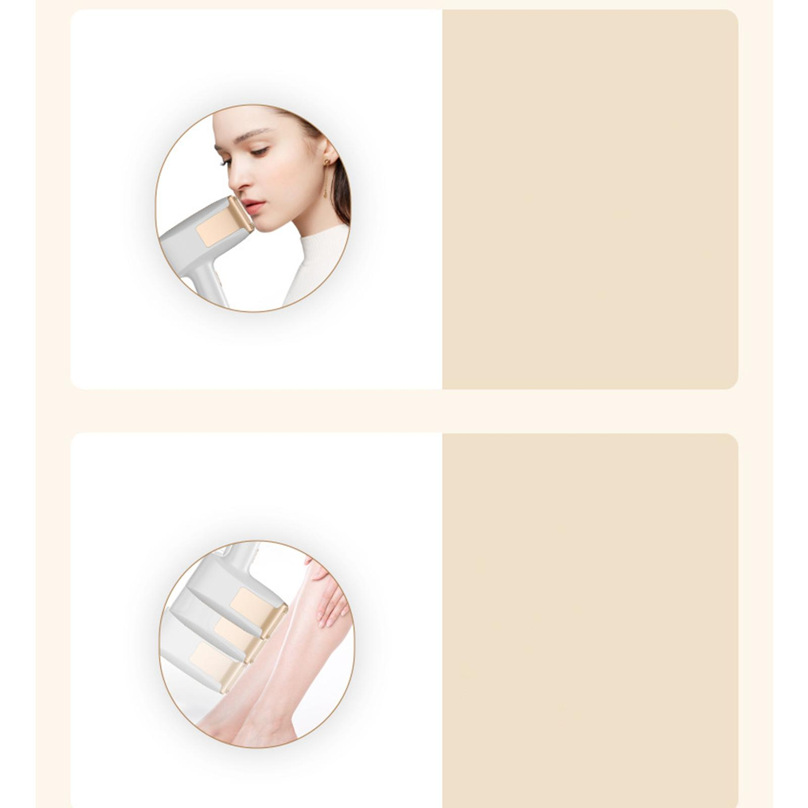Eine Frau benutzt ein Haarentfernungsgerät. Das Bild zeigt auch ein Diagramm der Behandlung.