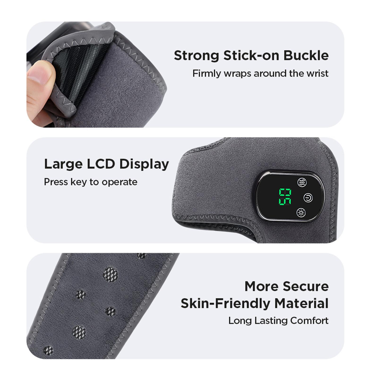 Nahaufnahmen von Details einer Knöchelgamasche mit starker Schnalle, LCD-Anzeige und hautfreundlichem Material.
