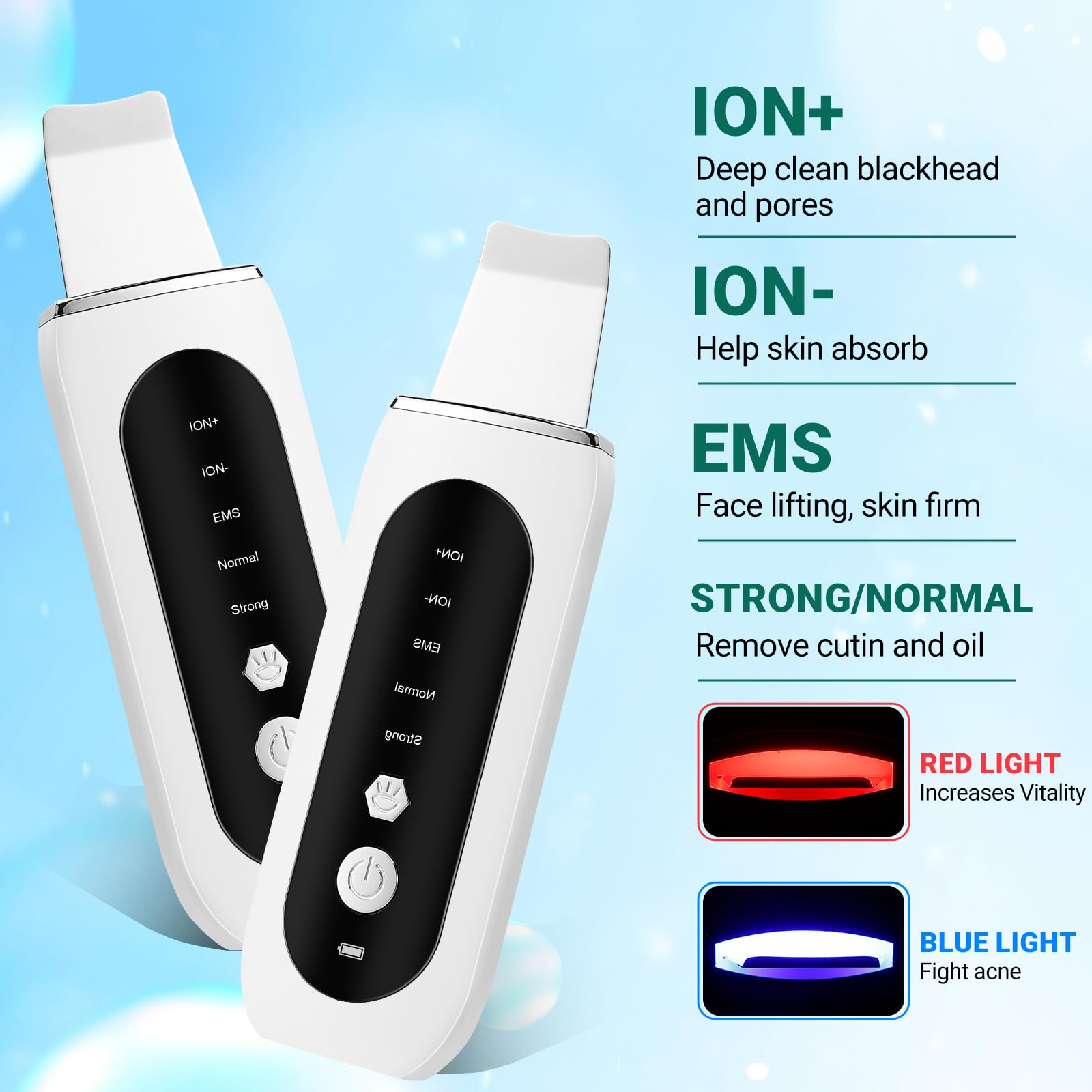 Zwei weiße Gesichtshautschaber mit Beschreibungen der Vorteile: ION+, ION-, EMS und Strong/Normal Modi.