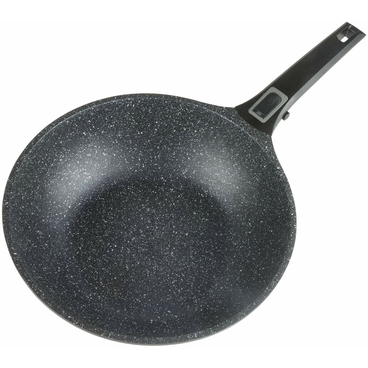 Schwarze Granitpfanne mit Griff. Weißer Hintergrund. Nahaufnahme der Griffverbindung. Antihaftbeschichtung.