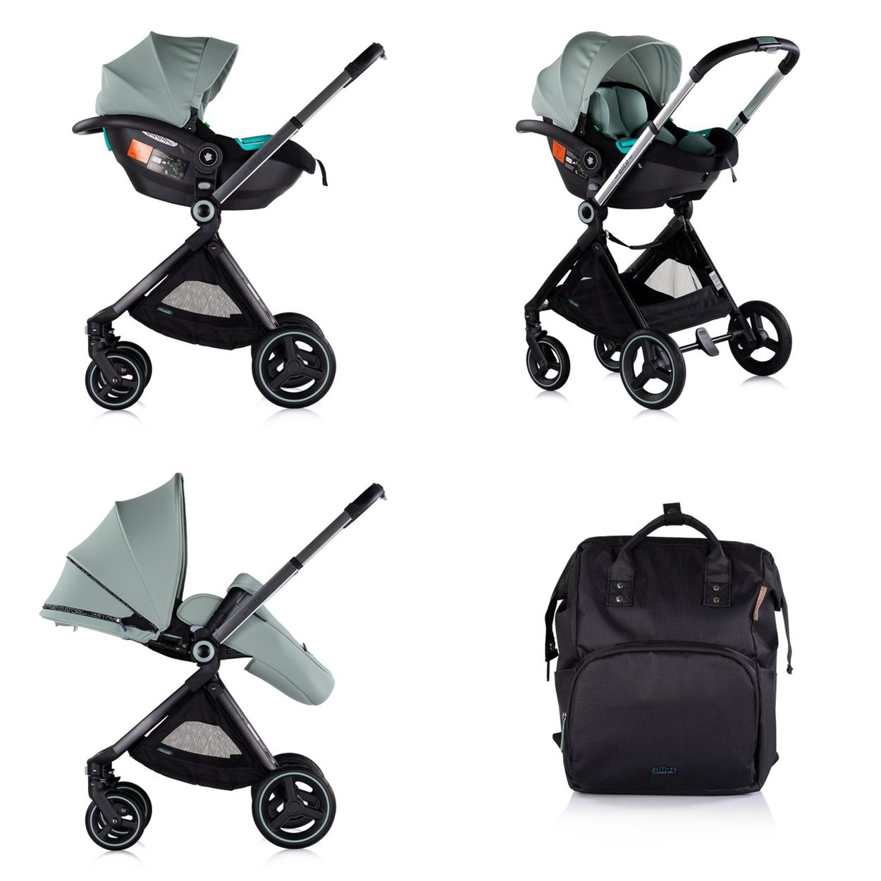 Mehrere Ansichten eines Kinderwagens, einschließlich des Kinderwagens mit Autositz und Tasche, auf weißem Hintergrund.