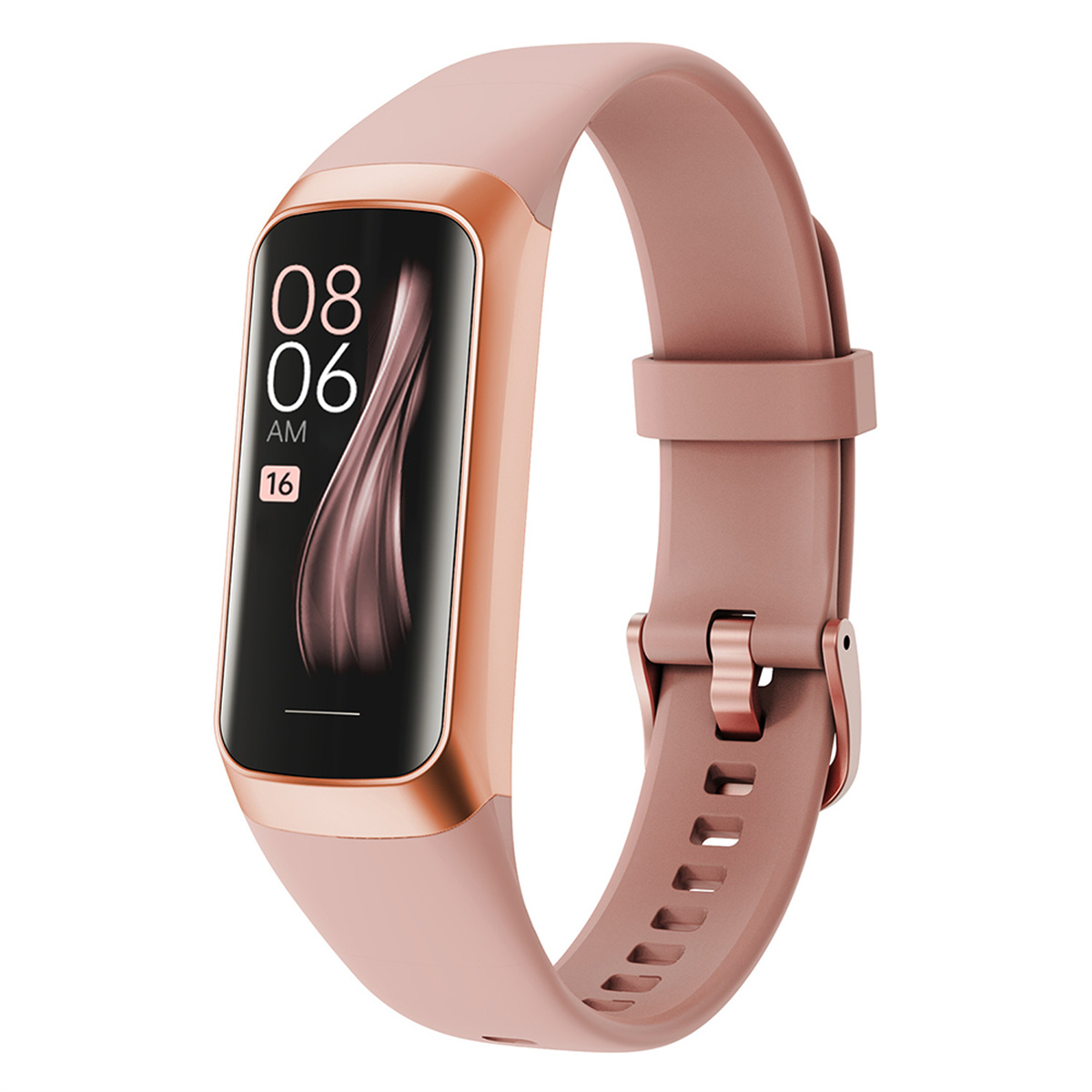 Rosafarbene Smartwatch mit roségoldenem Rahmen, zeigt Uhrzeit und Datum, auf weißem Hintergrund.