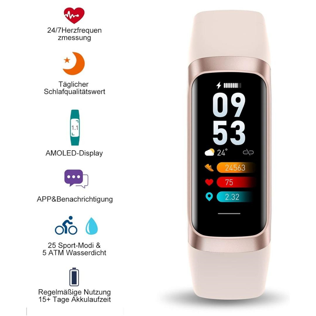 Smartwatch mit Anzeige von Uhrzeit, Herzfrequenz, Schritten und anderen Gesundheitsmetriken, mit Symbolen.