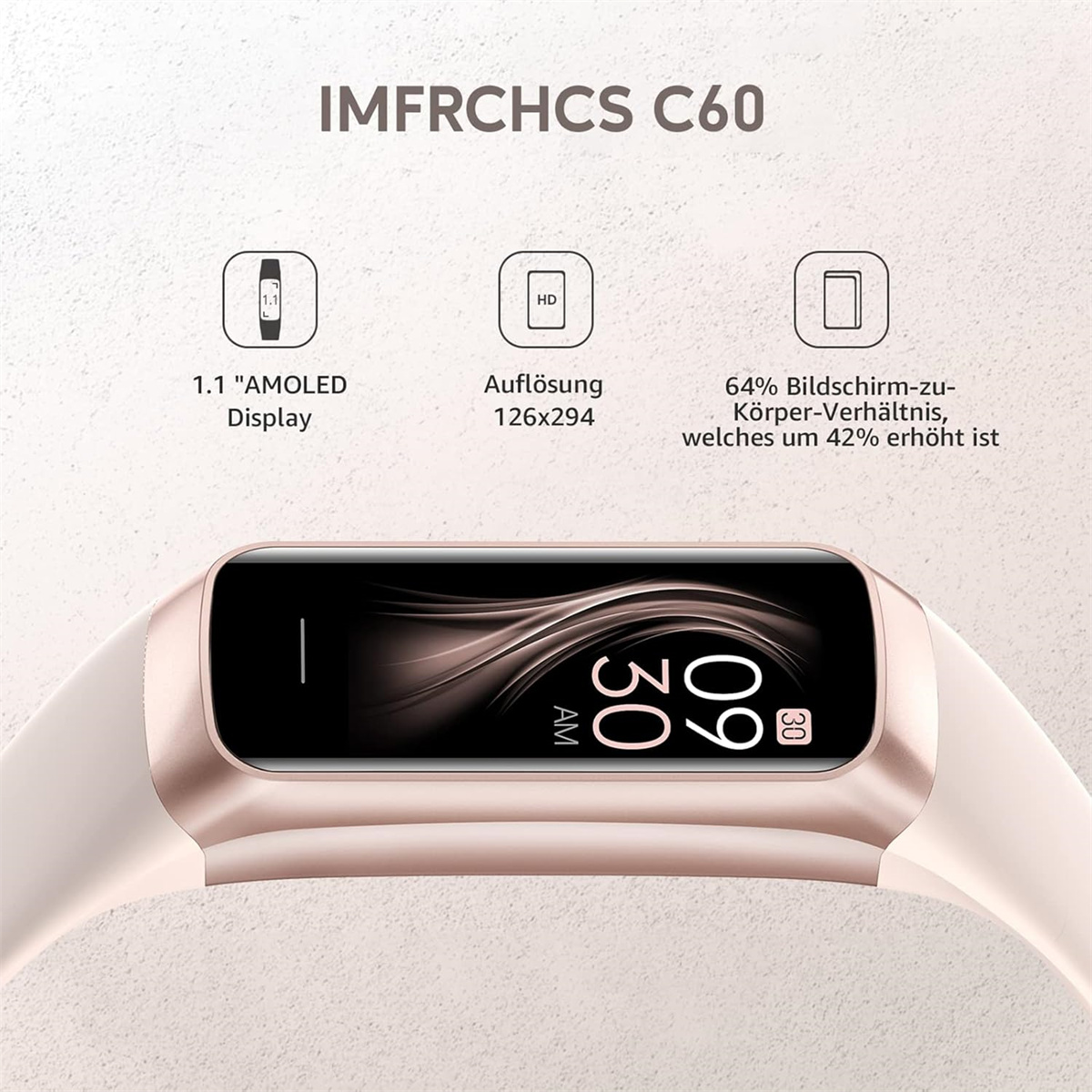 Smartwatch mit Anzeige der Uhrzeit und anderer Informationen auf Deutsch.