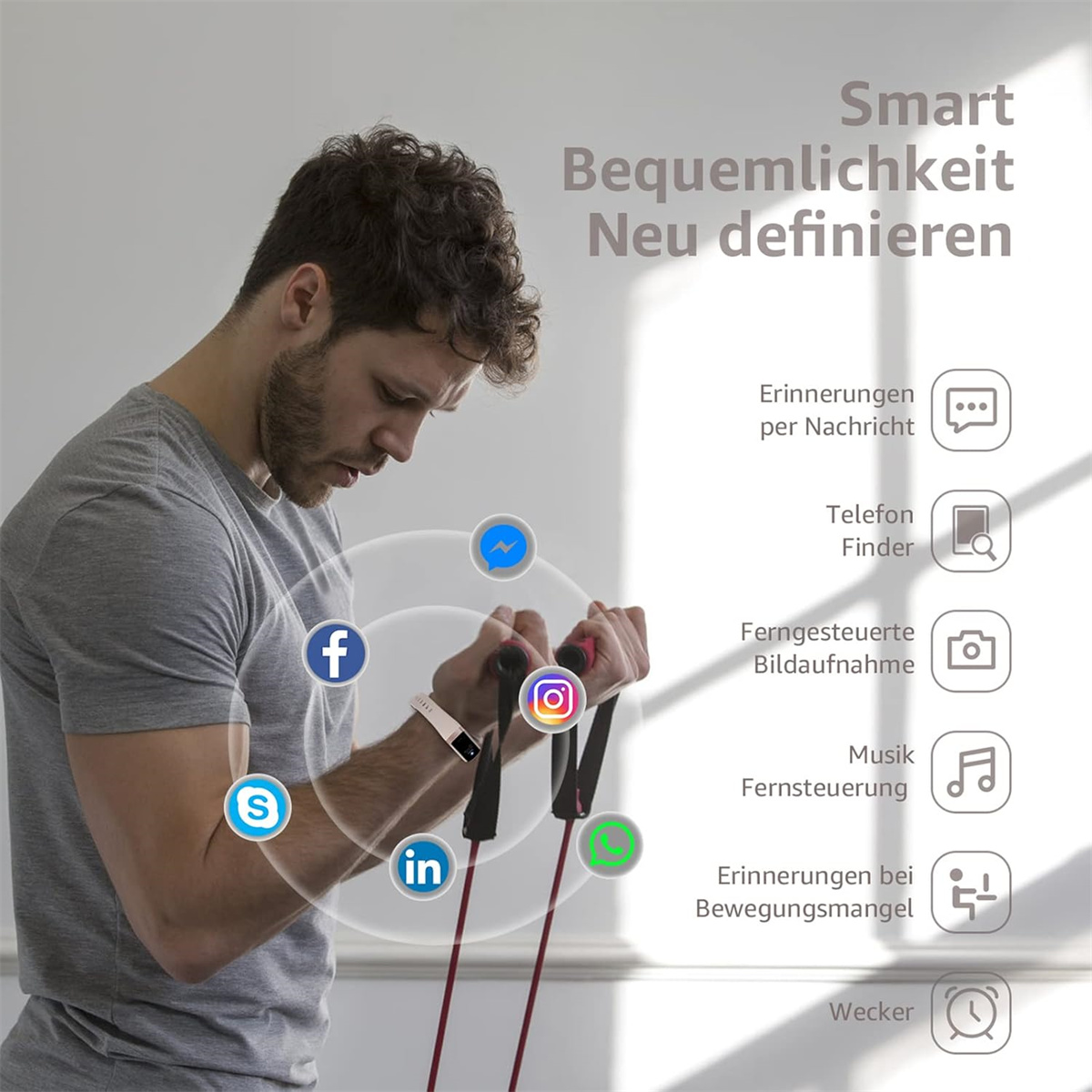 Mann mit Smartwatch und Trainingsbändern, mit Social-Media- und Fitness-Symbolen.