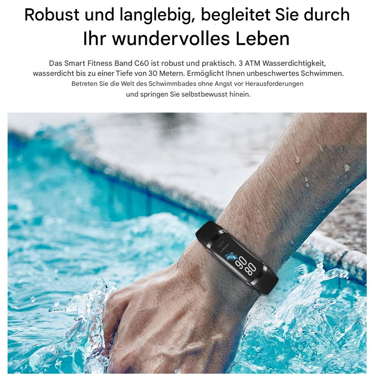 Eine Person, die eine schwarze Smartwatch trägt, mit Wasser, das auf das Handgelenk spritzt, und Text.
