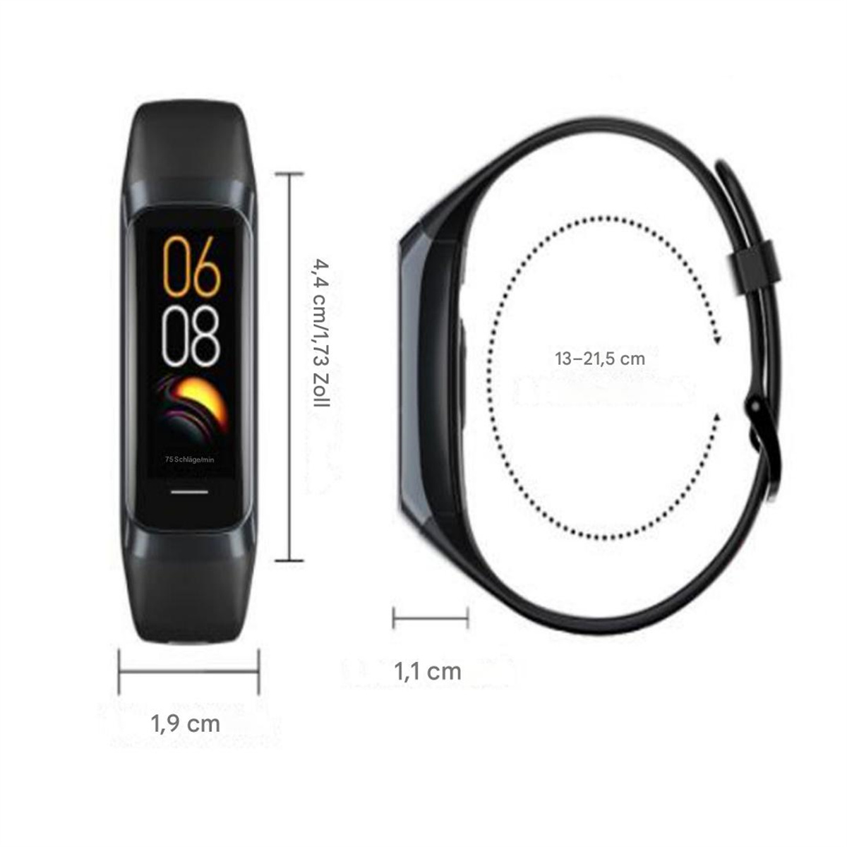 Nahaufnahme einer schwarzen Smartwatch mit Zeitanzeige und Abmessungen in cm und Zoll.