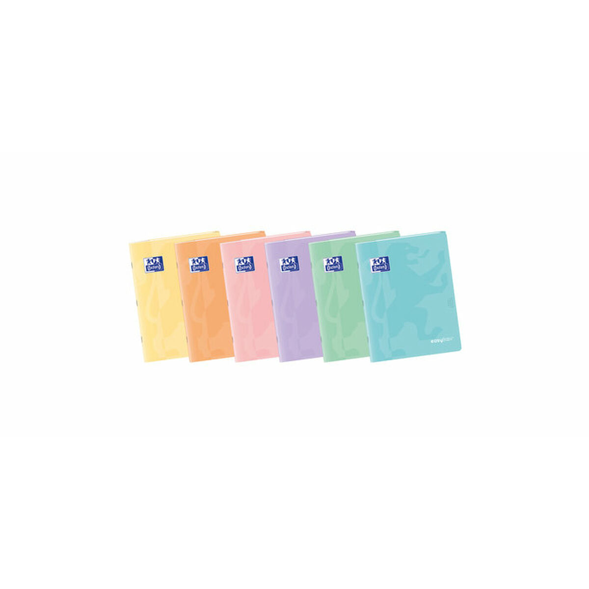 Sechs bunte Notizbücher in einer Reihe, gelb, orange, rosa, lila, grün und blau.