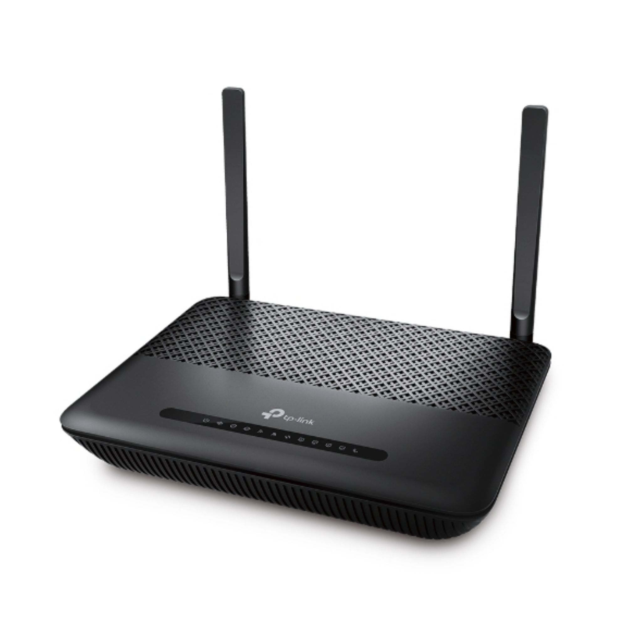 Schwarzer tp-link Router mit zwei Antennen auf weißem Hintergrund.