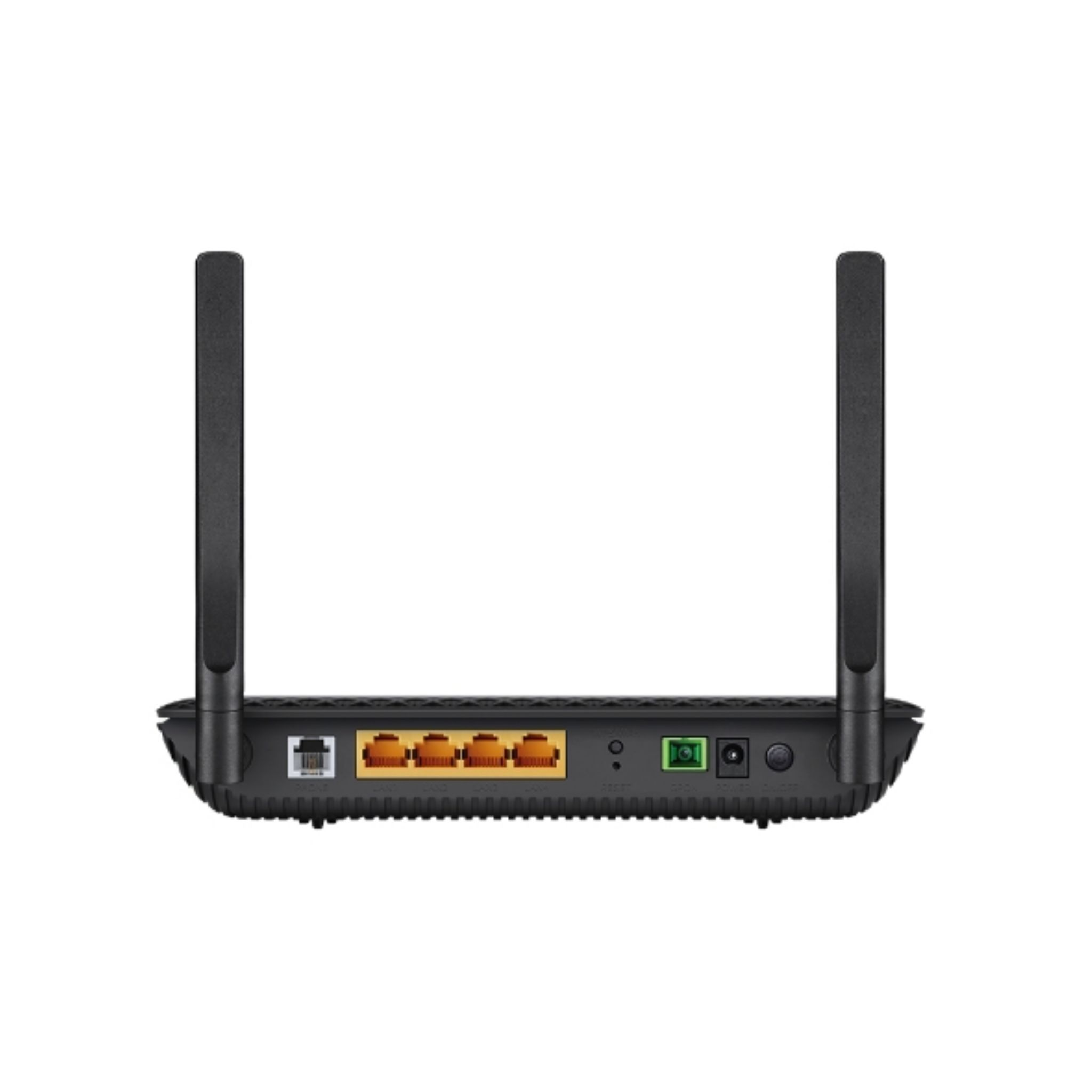 Rückansicht eines schwarzen Routers mit zwei Antennen, verschiedenen Anschlüssen und Kontrollleuchten.