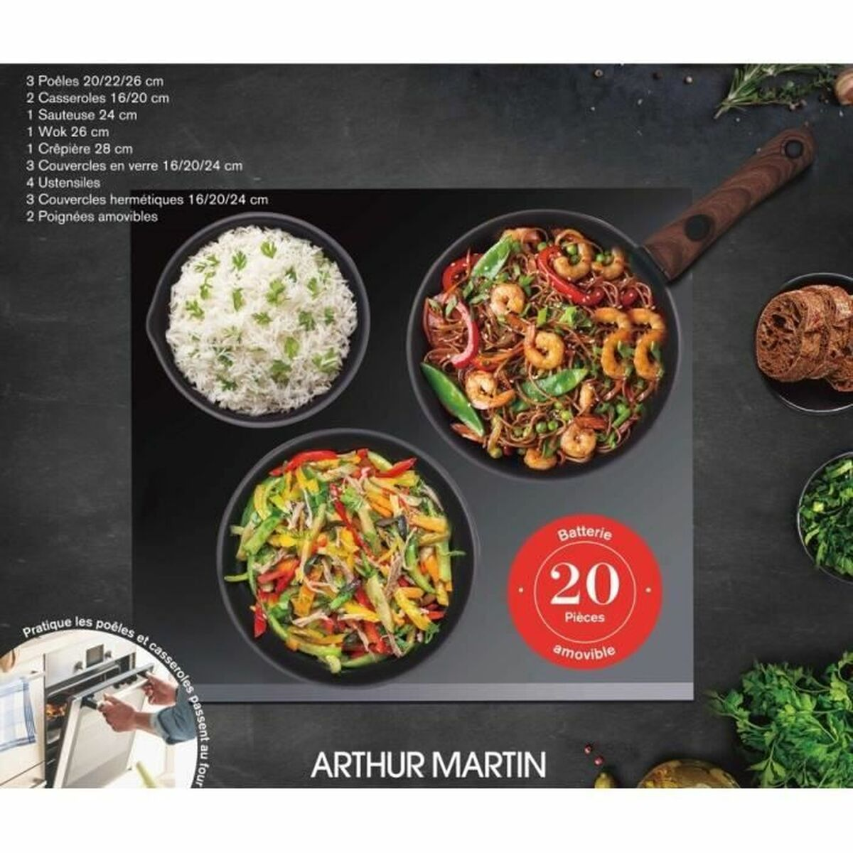 Pfannen mit Essen, Reis, Nudeln und Gemüse. Roter Kreis mit Text. Arthur Martin Logo.