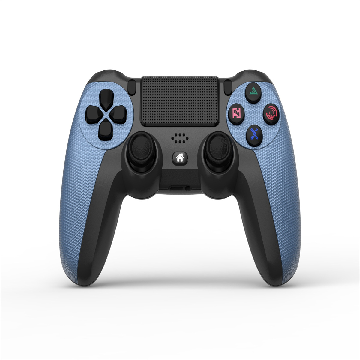 Blau-schwarzer Gaming-Controller mit Aktionstasten und Joystick.