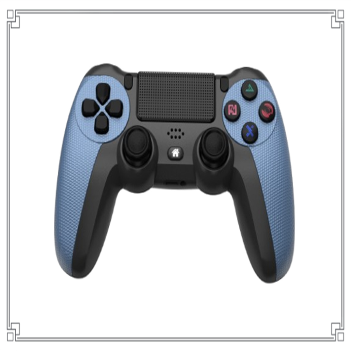 Blau-schwarzer Gamecontroller. Knöpfe sind blau, rot, grün und ein blaues Kreuz.