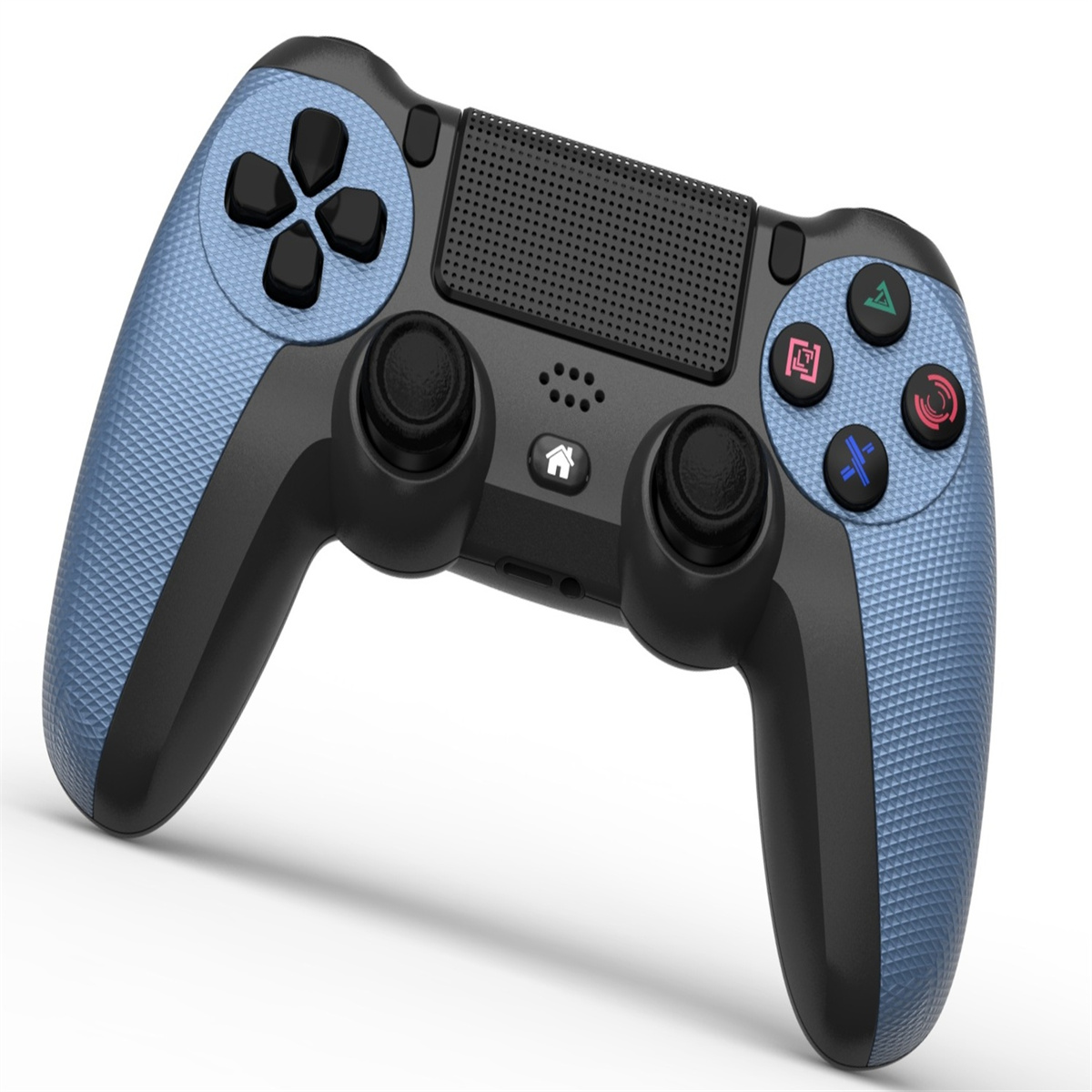 Blau-schwarzer Gamecontroller. Vier Knöpfe sind blau, rot, grün und ein blaues Kreuz.