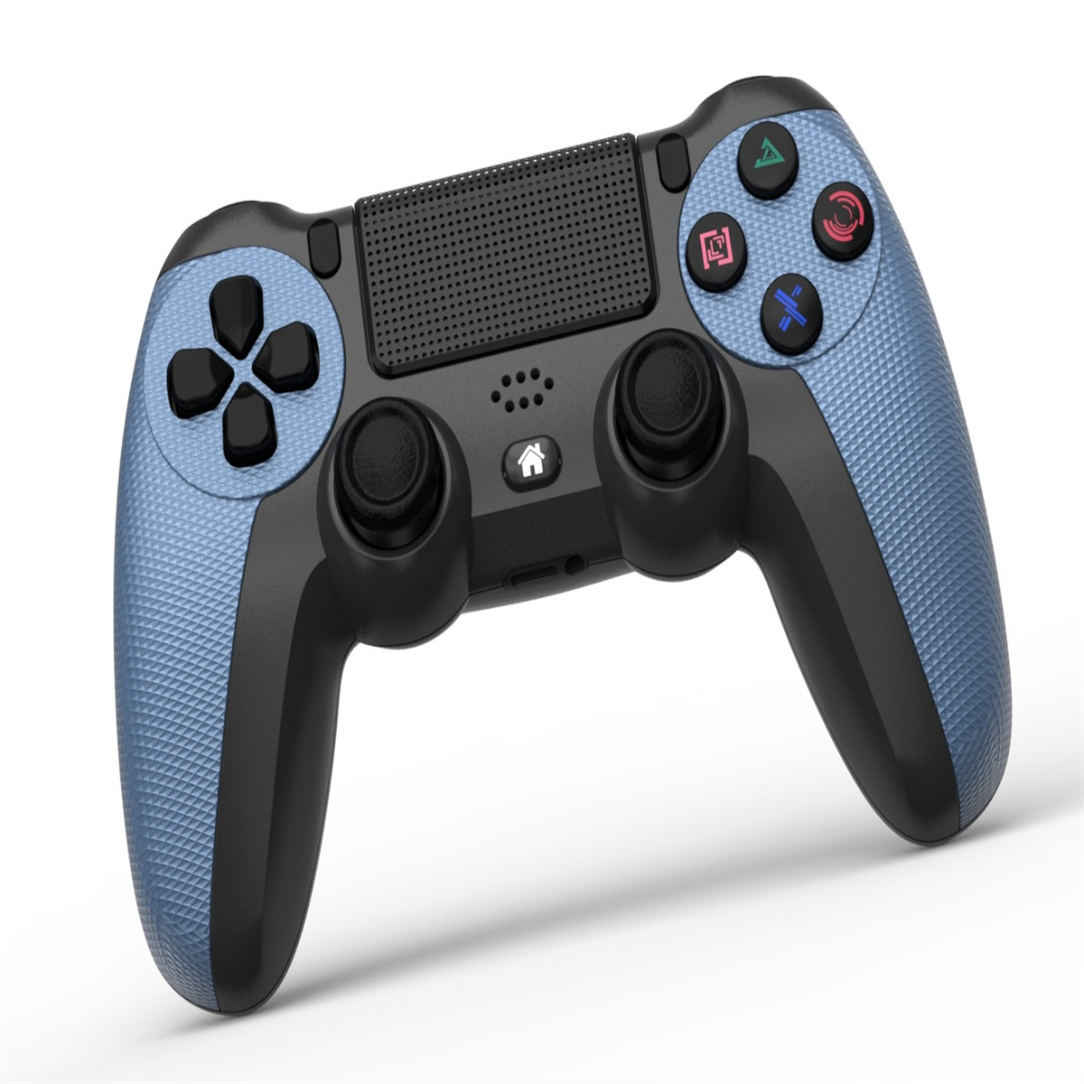 Blau-schwarzer Gamecontroller. Vier Knöpfe sind blau, rot, grün und ein blaues Kreuz.