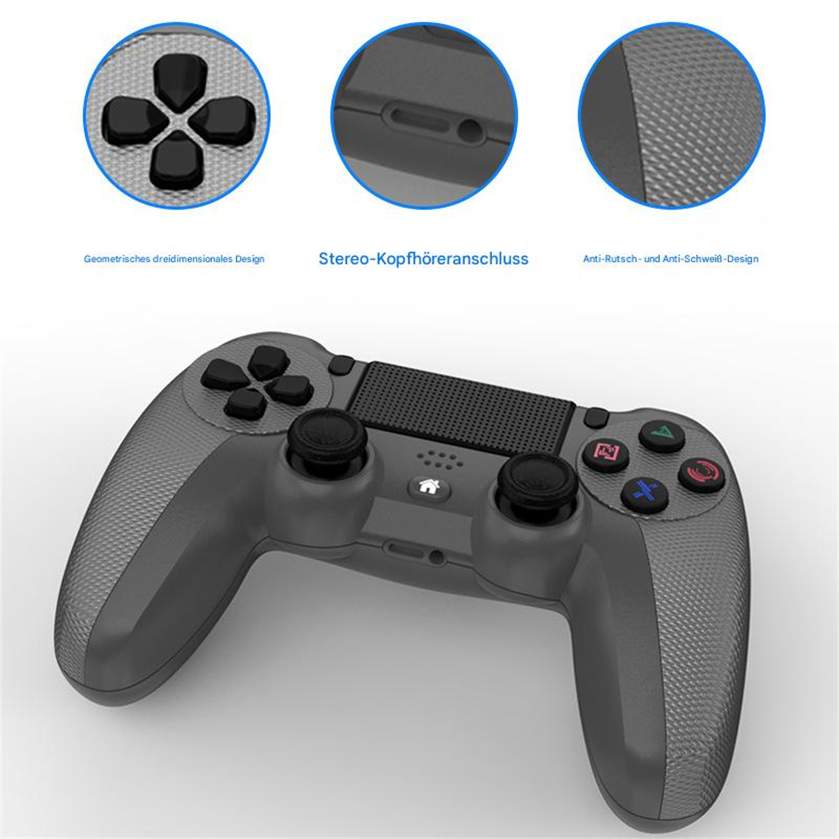 Grauer Gamecontroller mit schwarzen Knöpfen. Text: Geometrisches dreidimensionales Design, Stereo-Kopfhöreranschluss.