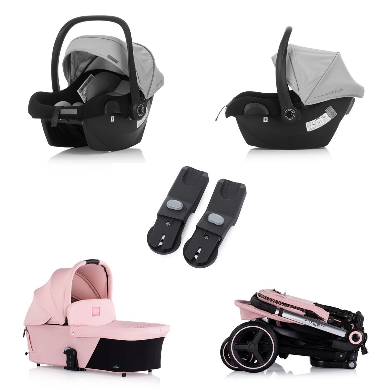 Babyschalen, Adapter und ein zusammengeklappter Kinderwagen in rosa Farbschema. Weißer Hintergrund.