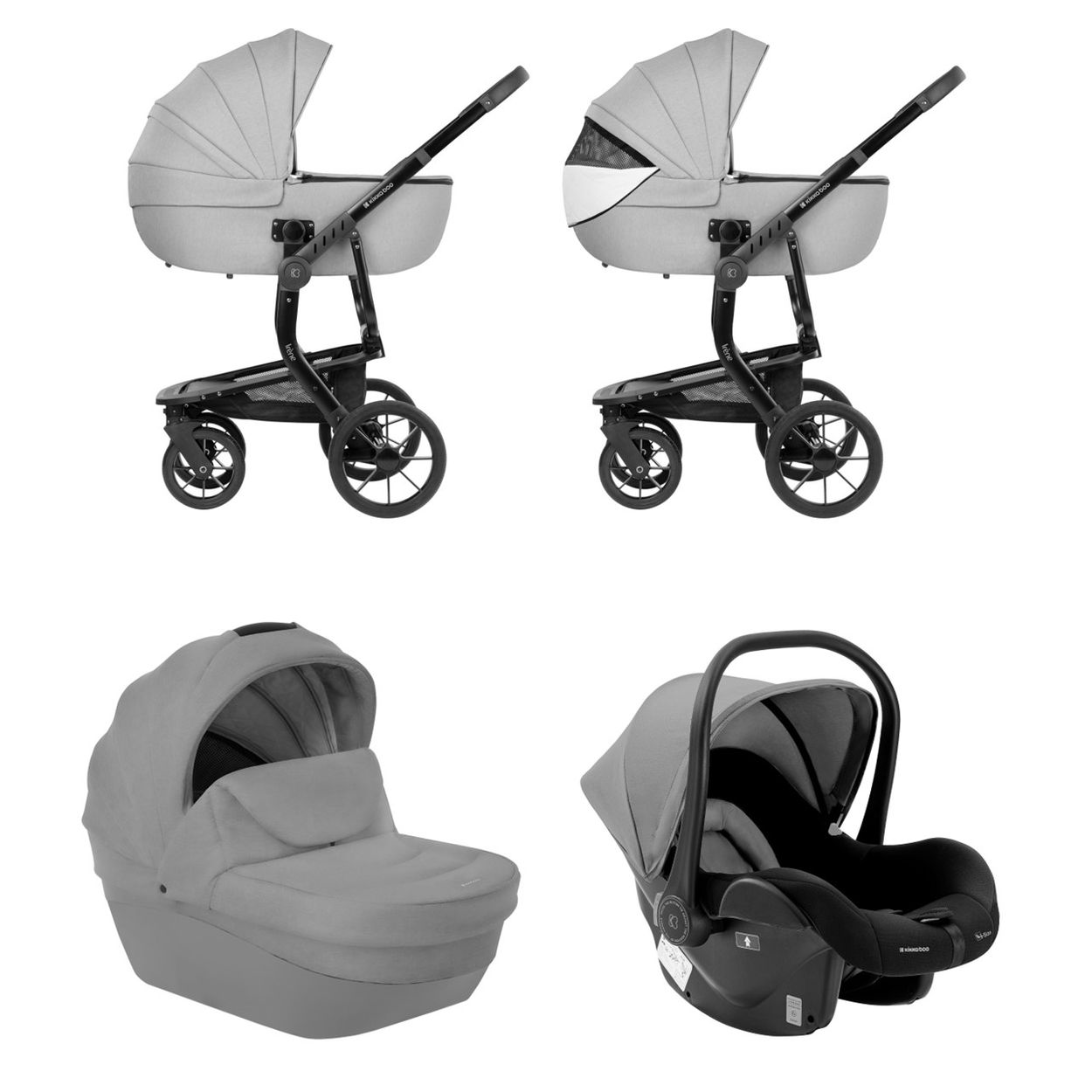 Zwei Kinderwagen und zwei Autositze in Graustufen, vor weißem Hintergrund.