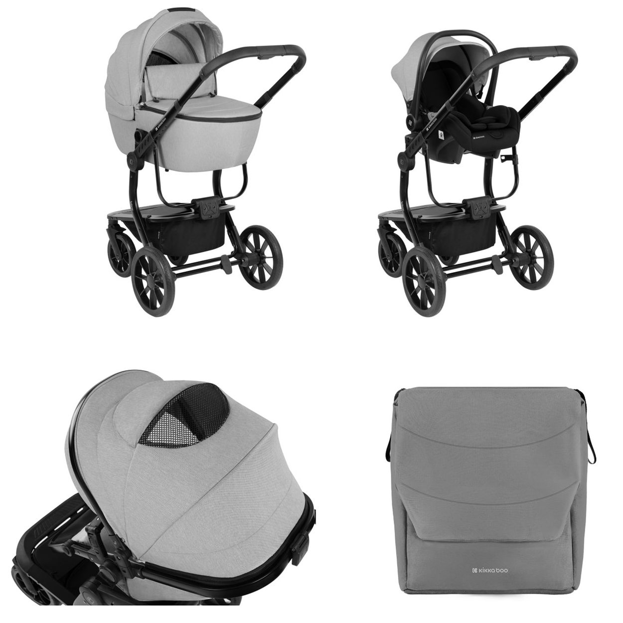 Grauer Kinderwagen mit passender Babywanne, schwarzem Rahmen und Rädern. Weißer Hintergrund.