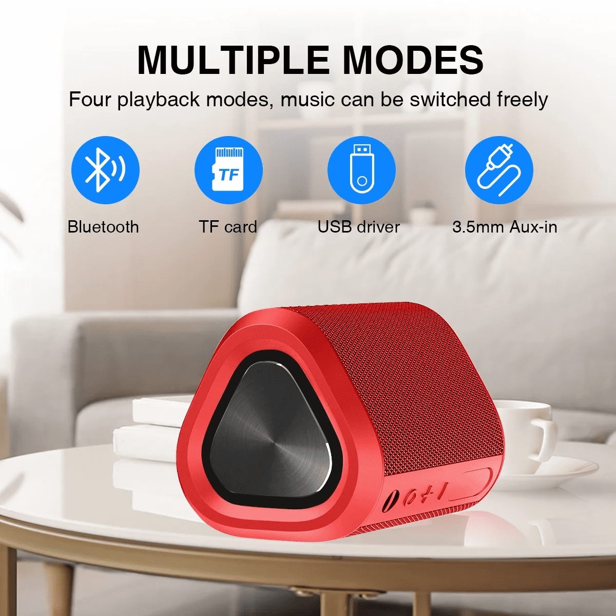 Ein roter dreieckiger Lautsprecher mit Tasten, der Bluetooth, TF-Karte, USB und 3,5-mm-Aux-In-Funktionen zeigt.