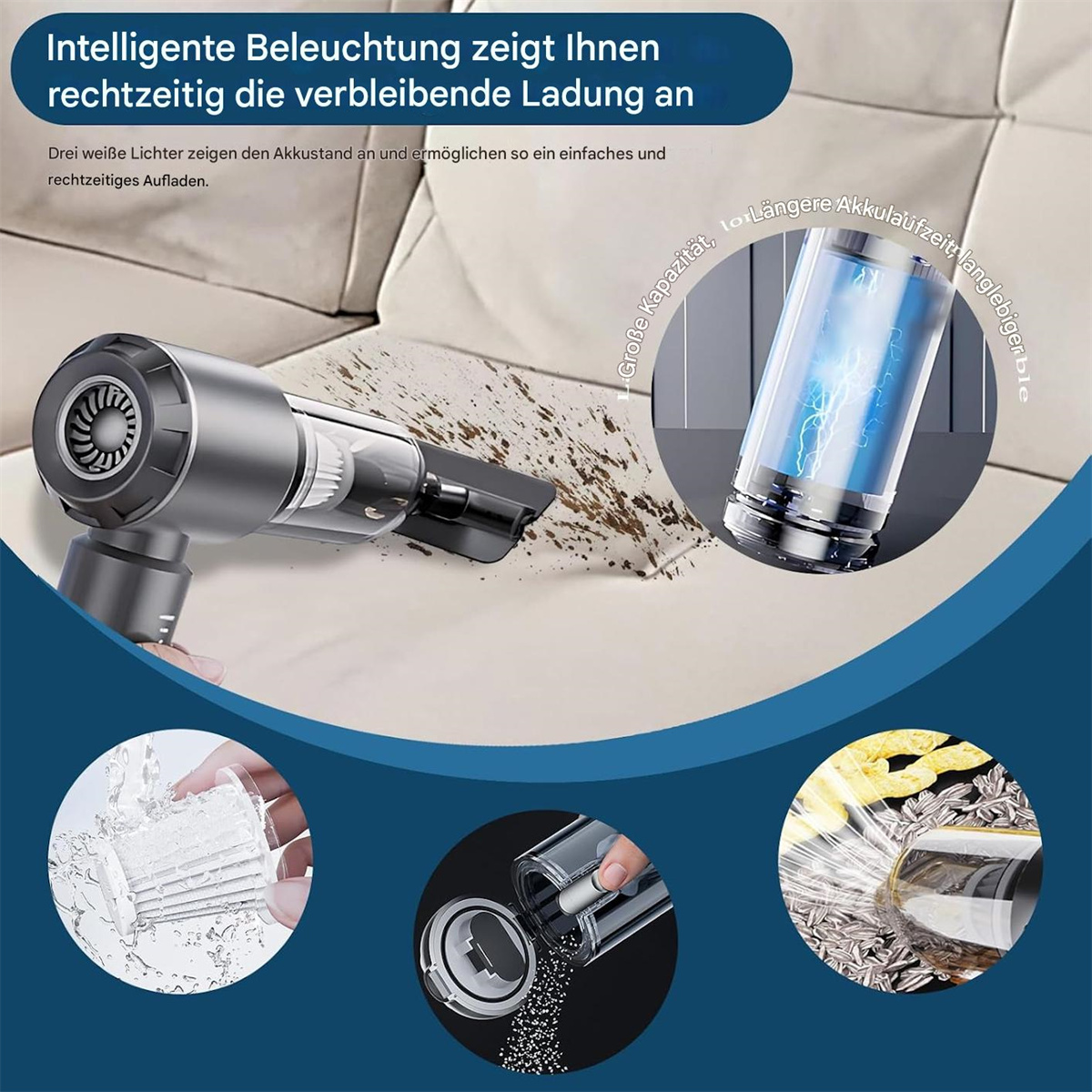 Ein Handstaubsauger wird mit Funktionen und einem Bild einer gereinigten Couch gezeigt.