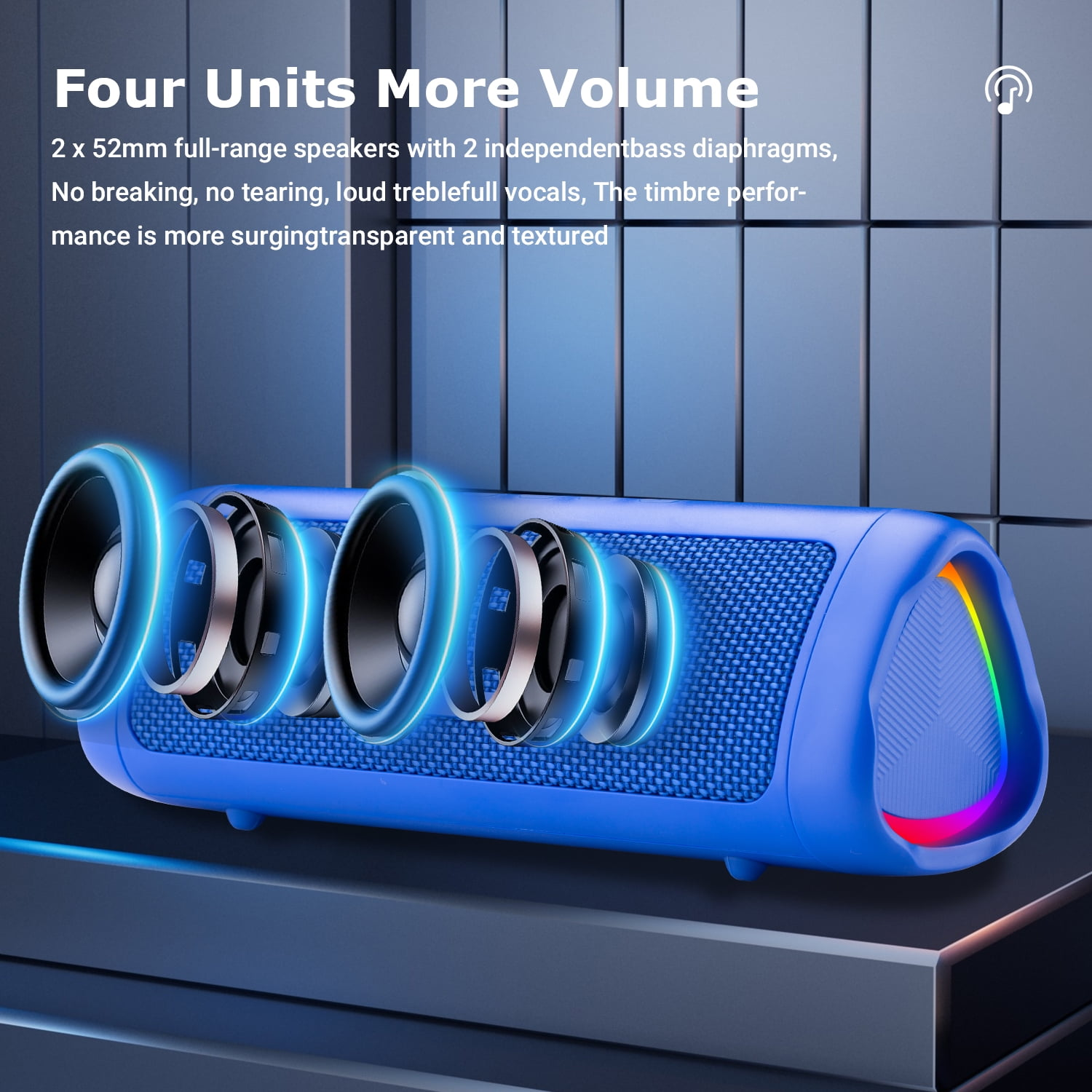 Blauer Lautsprecher mit leuchtenden Enden. Text lautet 'Four Units More Volume'.