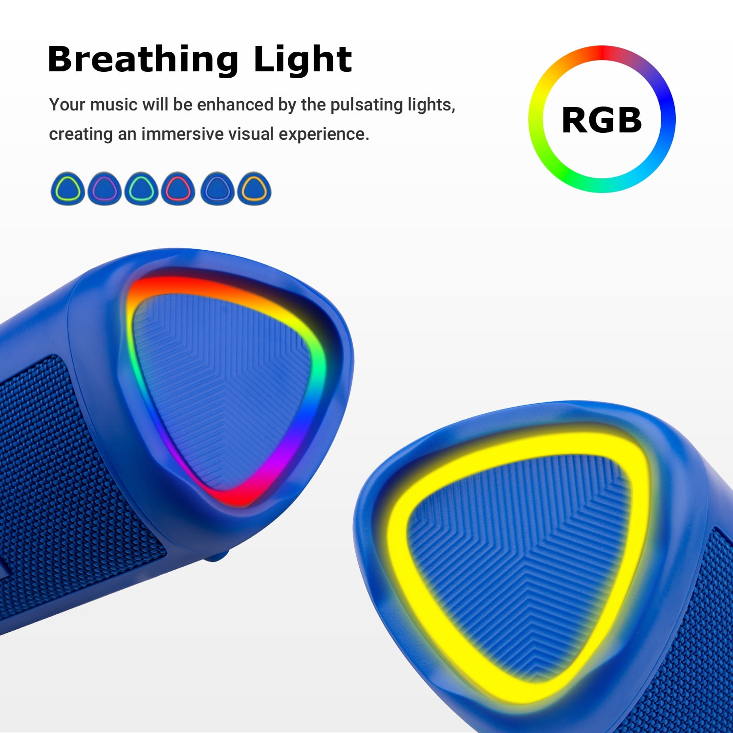 Zwei blaue Lautsprecher mit RGB-Lichtern. Das Bild zeigt die Lichter und das Design des Lautsprechers.