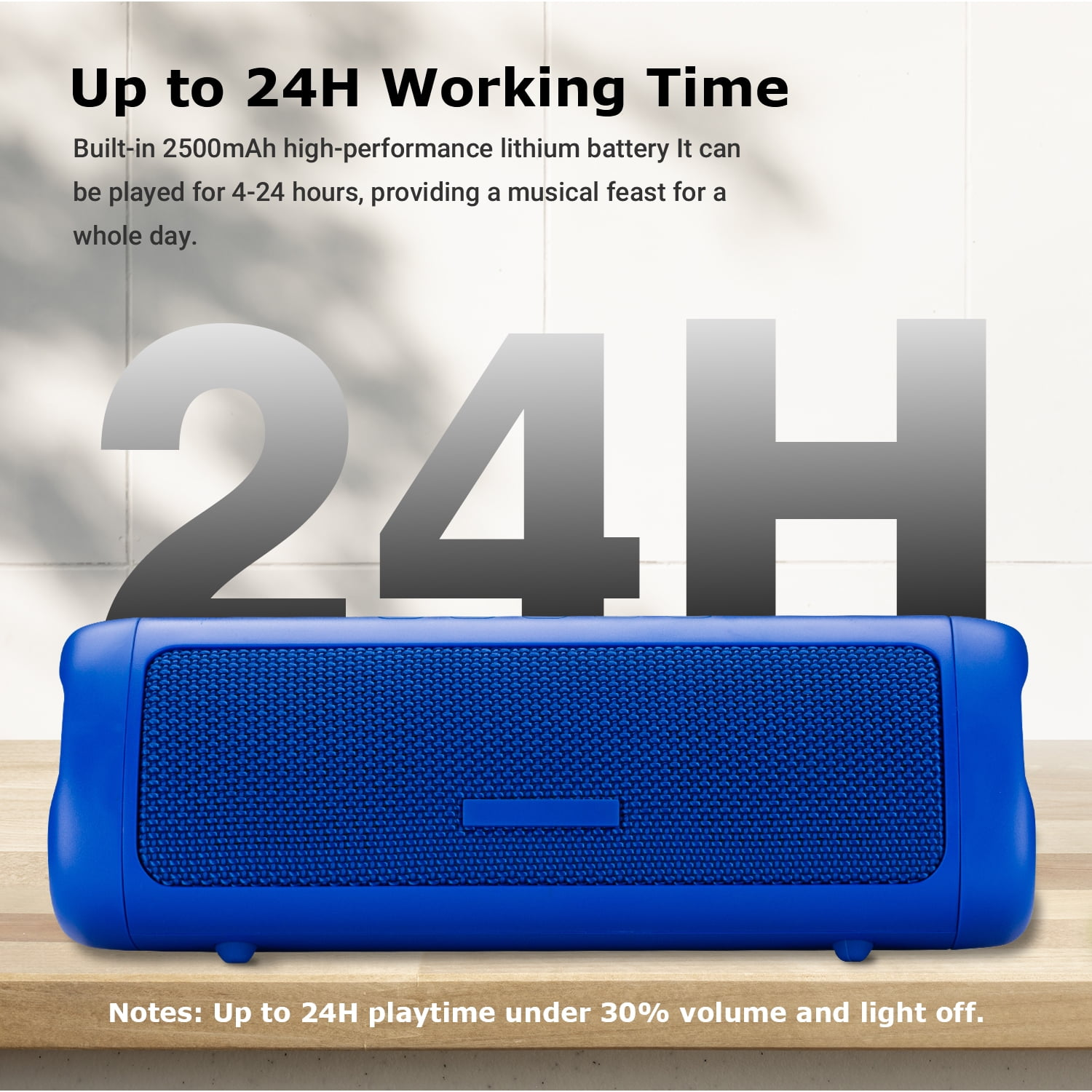 Blauer Lautsprecher. Text lautet 'Up to 24H Working Time' und '24H'.
