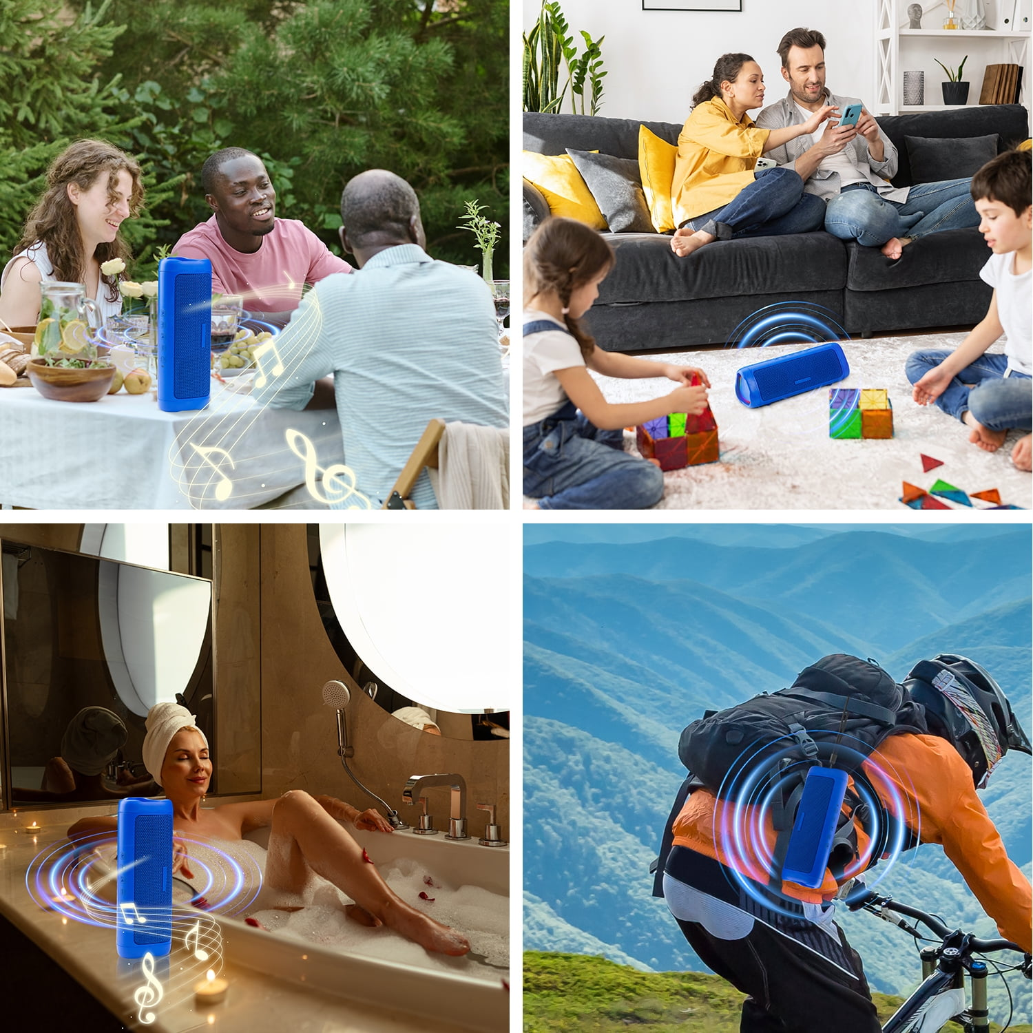 Vier Bilder, die den Lautsprecher in verschiedenen Umgebungen zeigen: im Freien, im Wohnzimmer, im Badezimmer und beim Wandern.