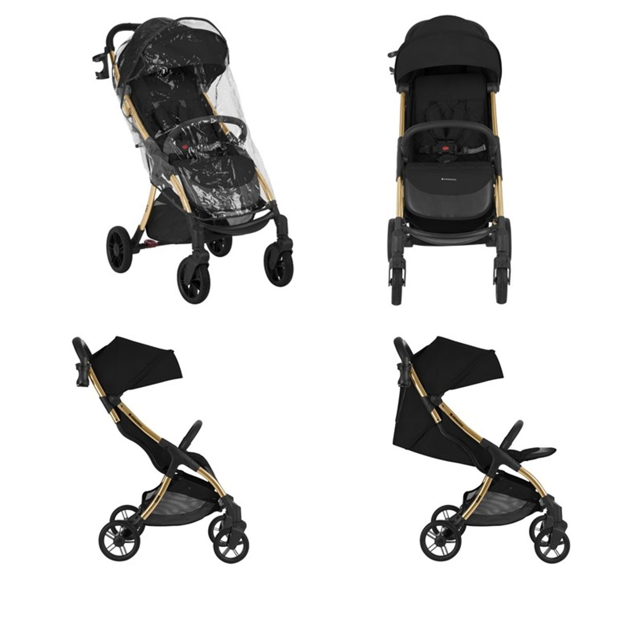 Vier Ansichten eines schwarz-goldenen Kinderwagens mit Regenschutz und schwarzem Sitz.