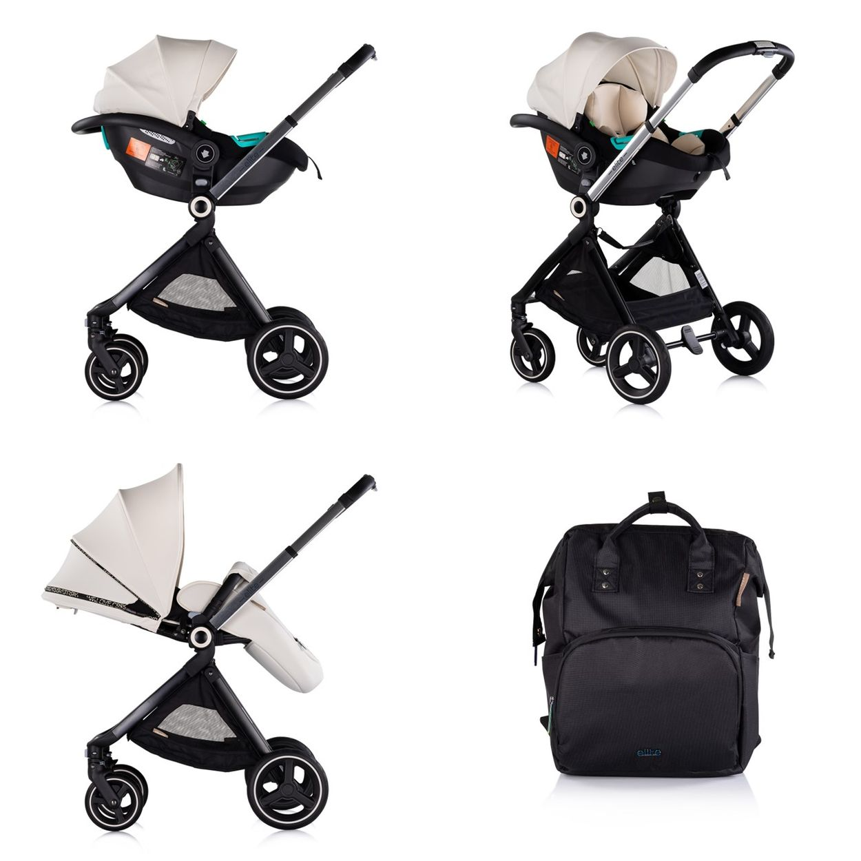 Vier Bilder eines Kinderwagens und Babyzubehörs. Weißer und beiger Kinderwagen mit einem schwarzen Rucksack.