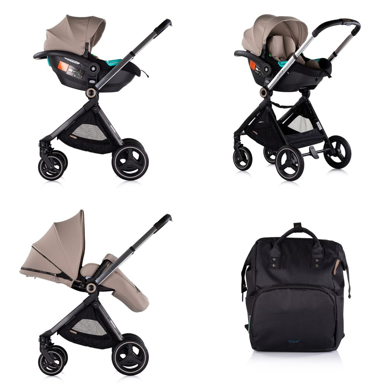 Vier Ansichten eines Kinderwagens, eines Autositzes und einer Wickeltasche, alles in neutralen Farben.