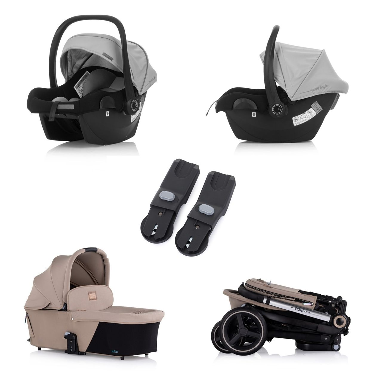 Mehrere Bilder eines Kinderwagens und seiner Komponenten. Die Hauptfarben sind Beige, Schwarz und Silber.