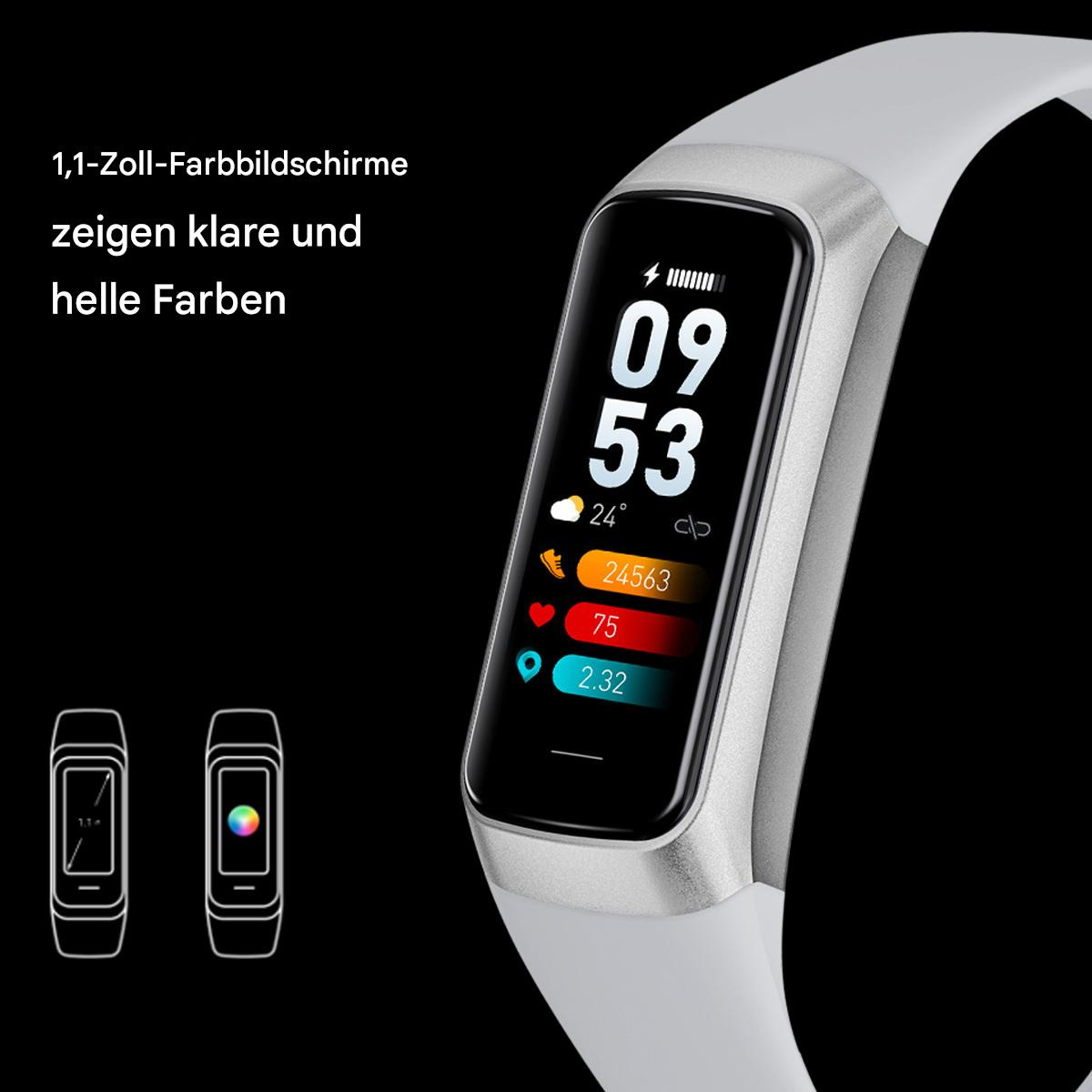 Nahaufnahme einer weißen Smartwatch, die Zeit und Statistiken anzeigt, auf schwarzem Hintergrund.