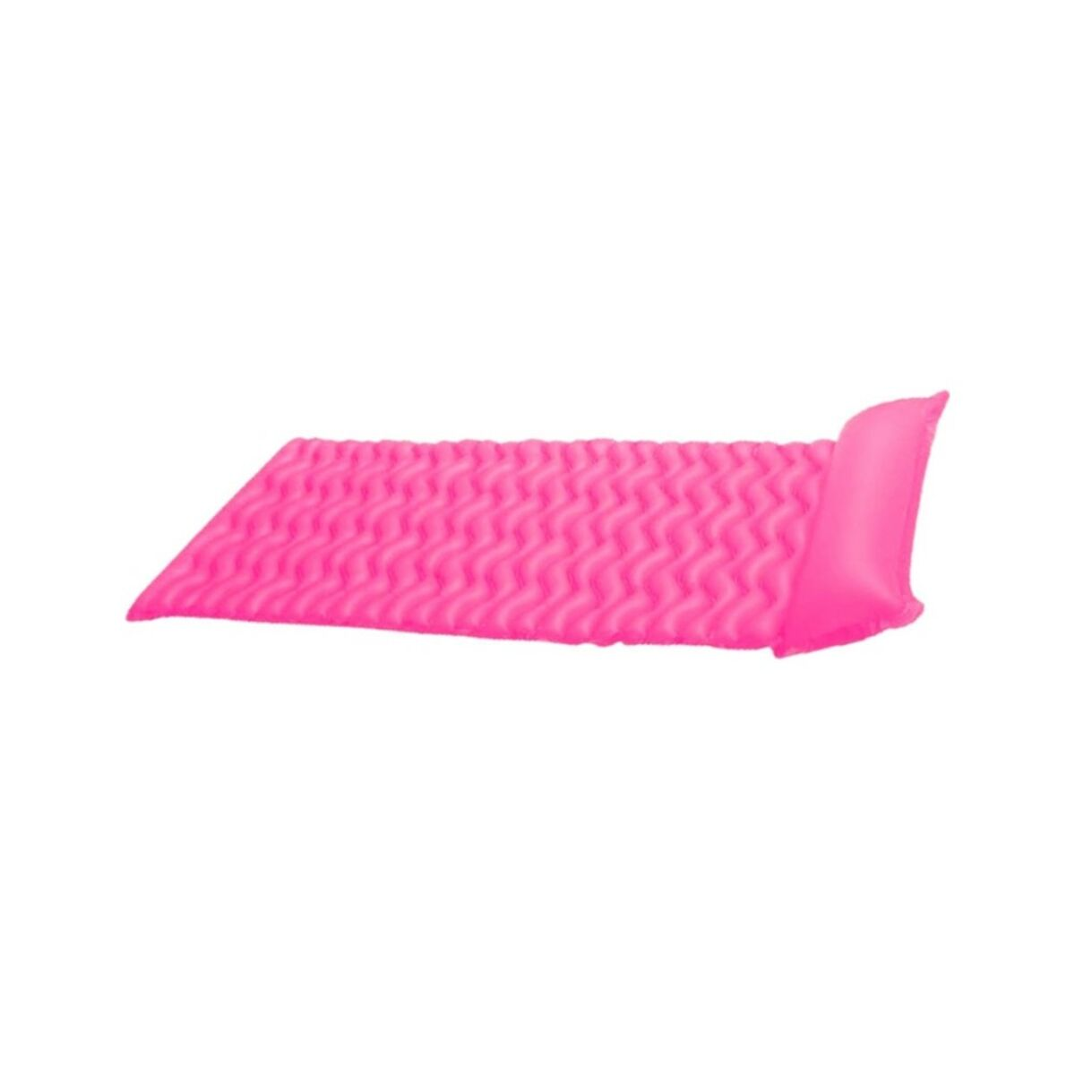 Eine pinkfarbene Pool-Schwimmmatratze mit Kissen, auf weißem Hintergrund.