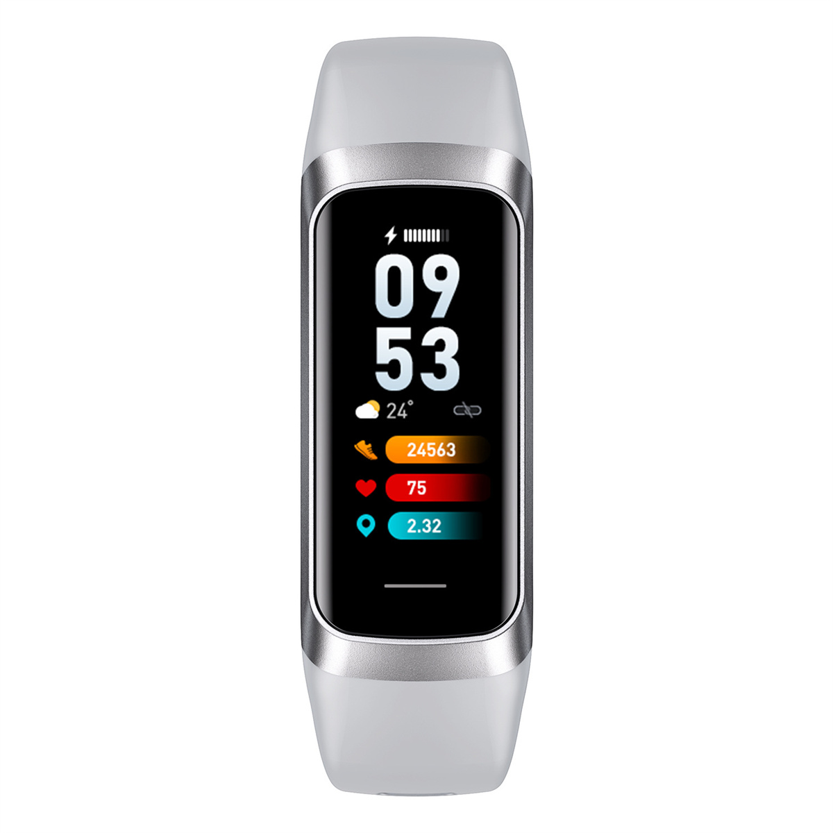 Eine graue Smartwatch mit einem schwarzen Bildschirm, der Zeit, Temperatur und andere Gesundheitsmetriken anzeigt.